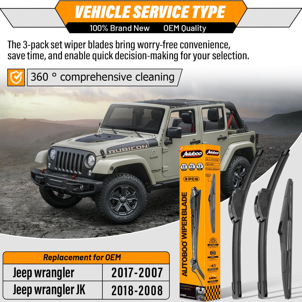 AUTOBOO front-right 15-inch wiper blade ensuring clear rain visibility for Wrangler
