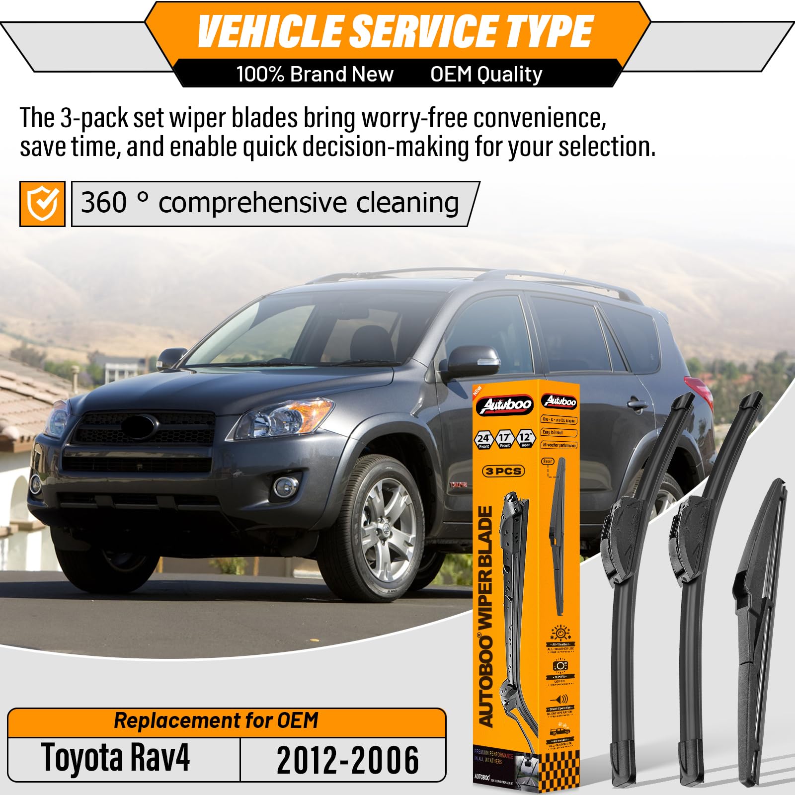 AUTOBOO front 24-inch right wiper blade for Toyota RAV4 maintains clear view at speed