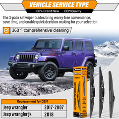 Autoboo front-right wiper blade for Jeep Wrangler maintains streak-free visibility during storms.