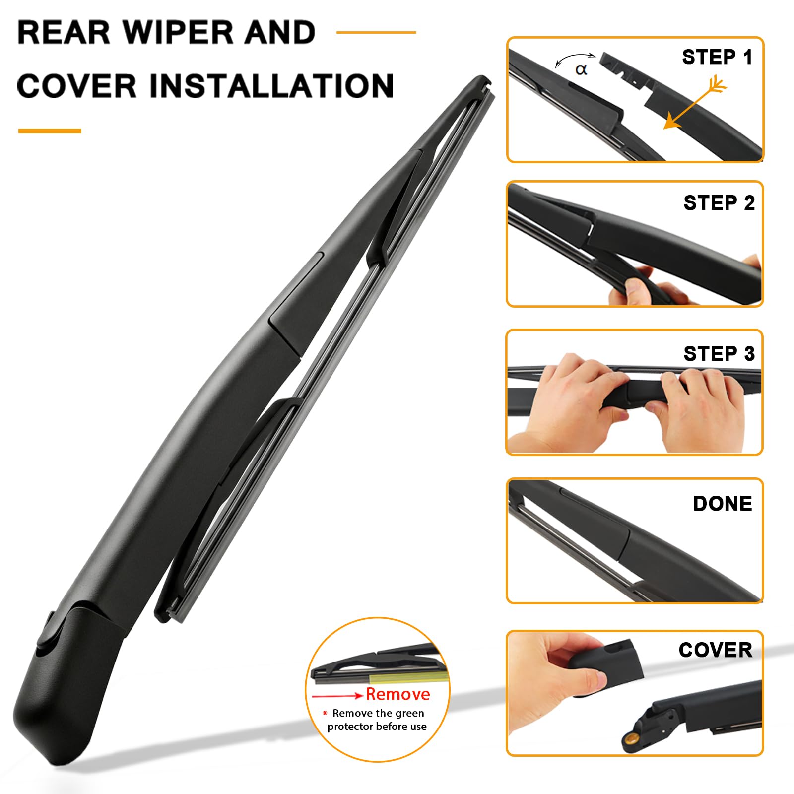 AUTOBOO all-weather rear-wiper-arm designed for longevity and consistent glass contact.