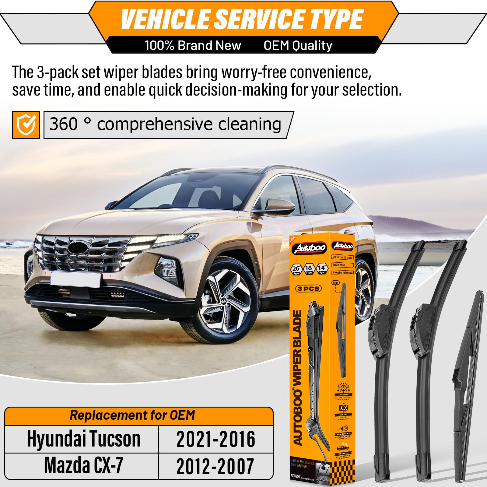 AUTOBOO 16-inch wiper blade for Hyundai Tucson delivering smooth wipe