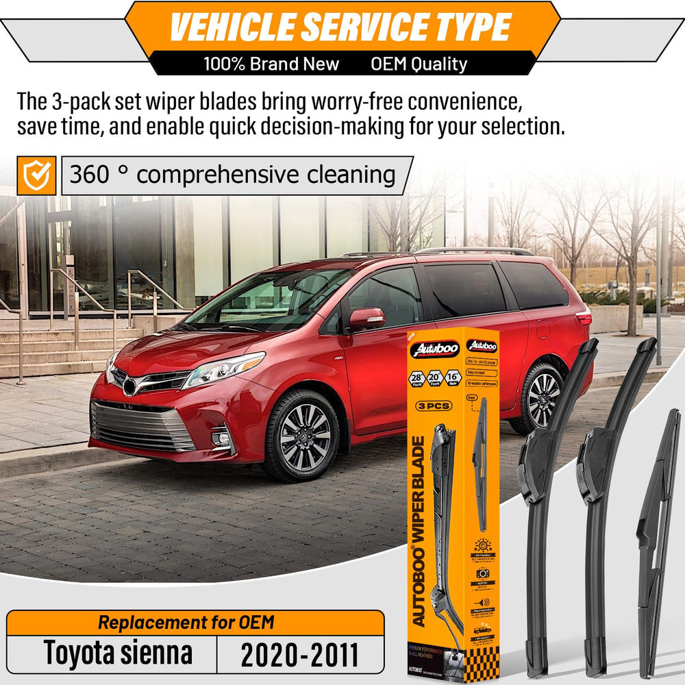 AUTOBOO 20-inch front wiper blade for Toyota Sienna enhances mid-range visibility.
