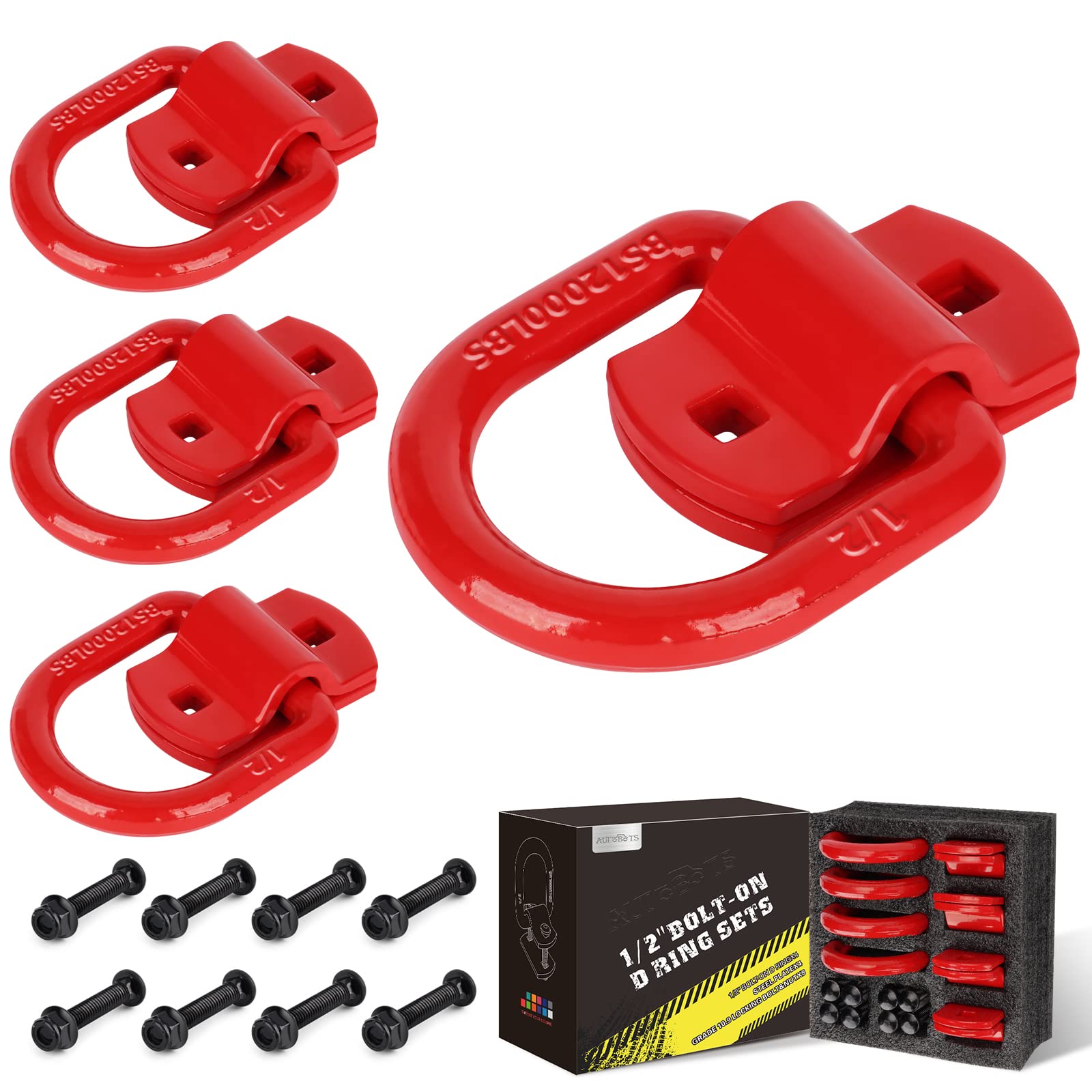 AUTOBOTS 12k lbs heavy-duty bolt-on D-ring pack of 4 for secure trailer tie-downs.