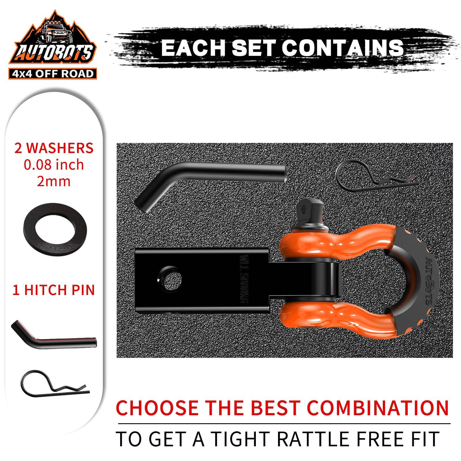 AUTOBOTS 3/4 D-ring shackle attached to hitch for heavy-duty recovery and towing versatility.