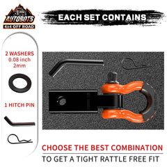 AUTOBOTS 3/4 D-ring shackle attached to hitch for heavy-duty recovery and towing versatility.