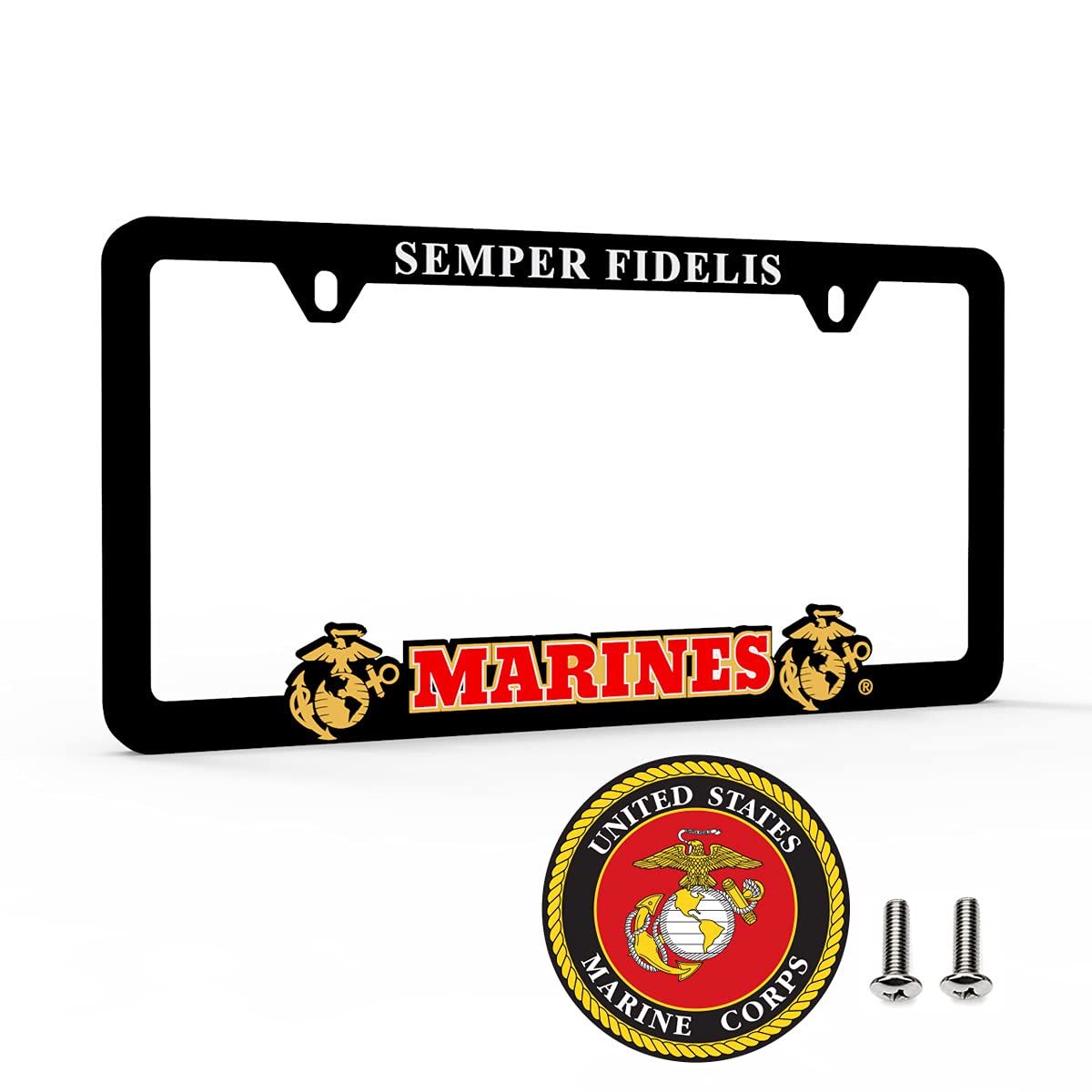 AutoBoxClub Marine Corps license frame front view with embossed lettering for bold style.