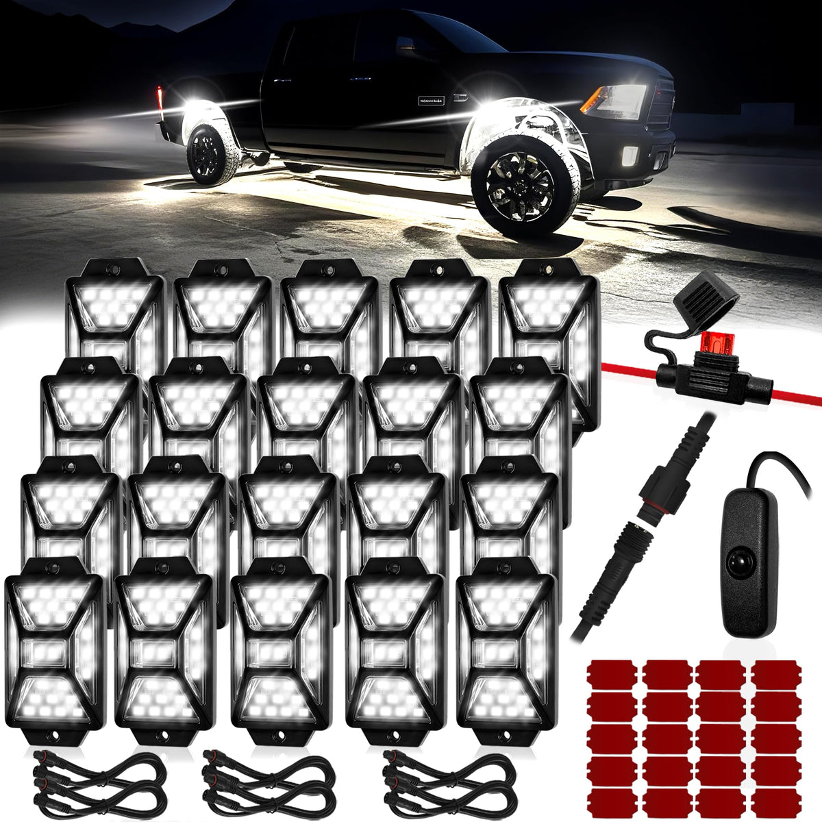 Auto Buero rock lights kit front view with pure white glow for trucks