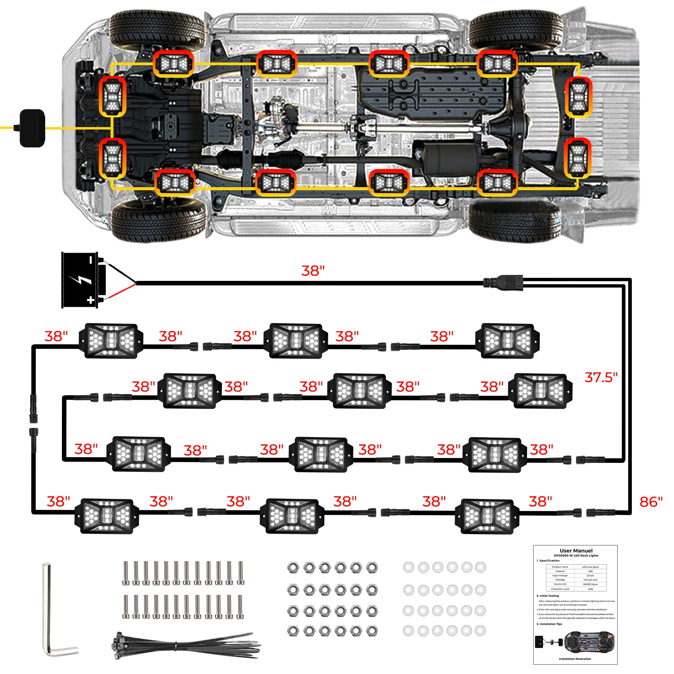 Auto Buero rock lights with on/off switch and safety fuse for reliable operation.