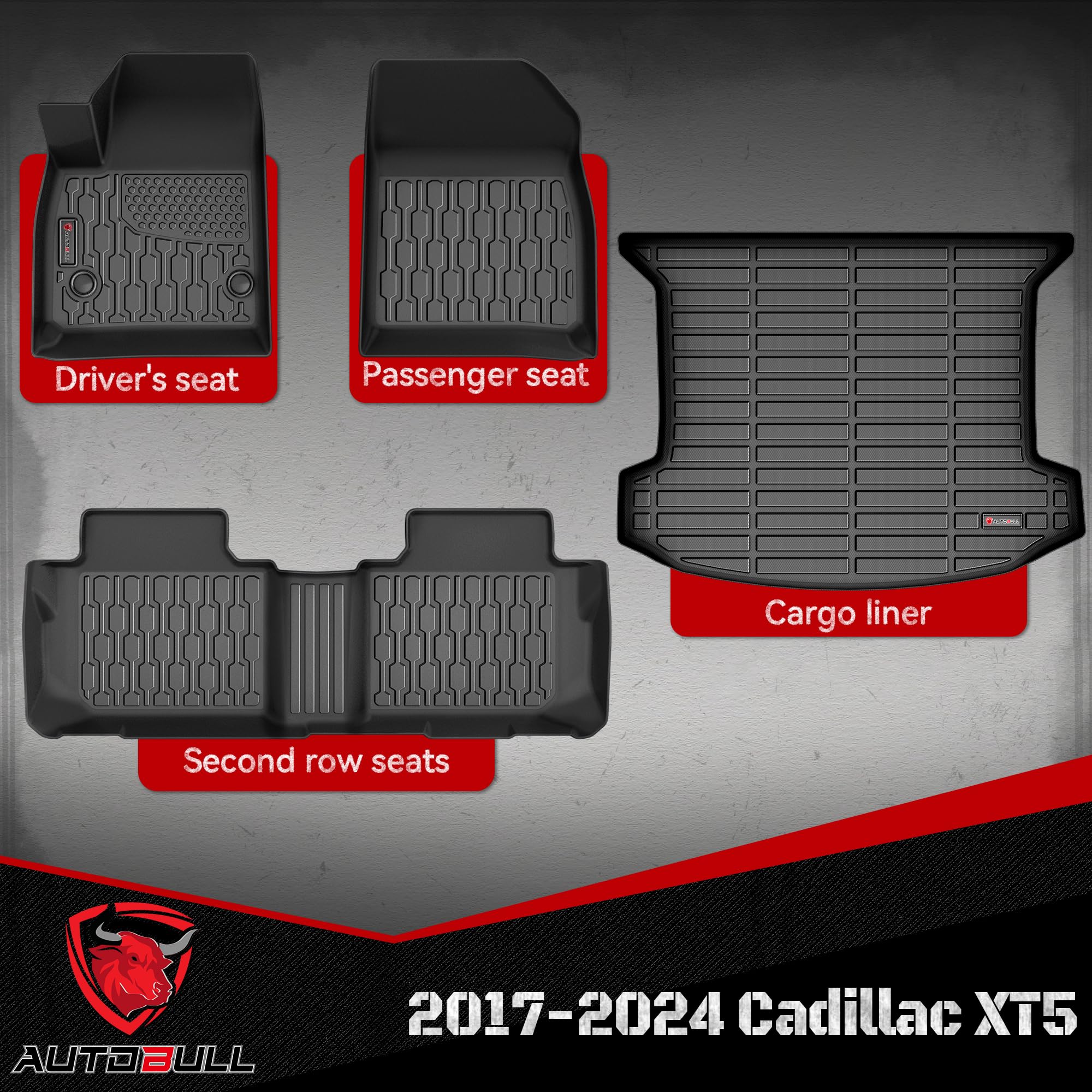 AUTOBULL Cadillac XT5 second-row floor mats guard against mud and spills during family trips.
