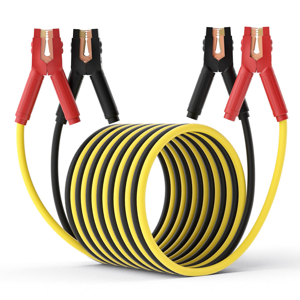 AutoChat heavy-duty jumper cables in use showing 30ft reach for car battery boosting.