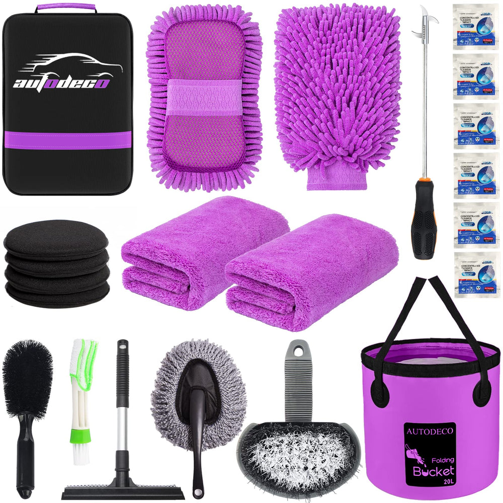 Autodeco 22pcs kit with collapsible bucket for portable car cleaning.