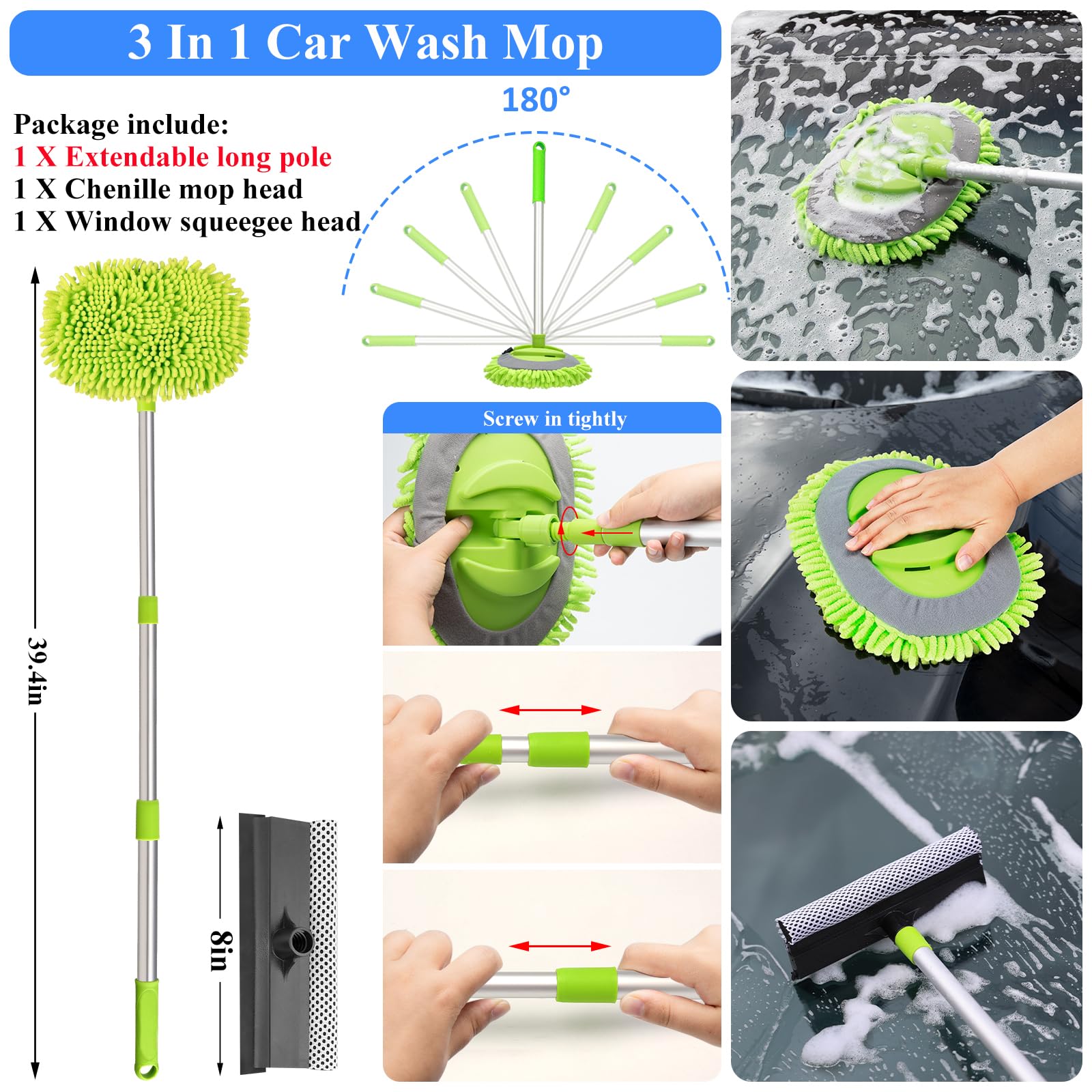 AUTODECO 42Pcs long-handle mop enables easy reach and 180° swiveling cleaning