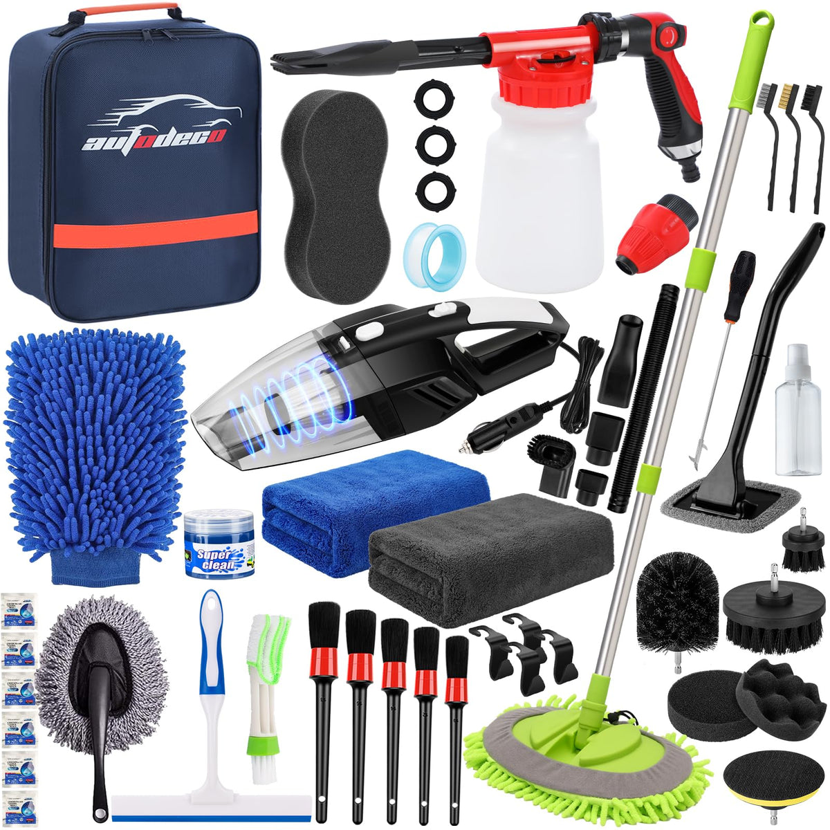 AUTODECO 43Pcs car wash kit foam gun in action for efficient rinsing.