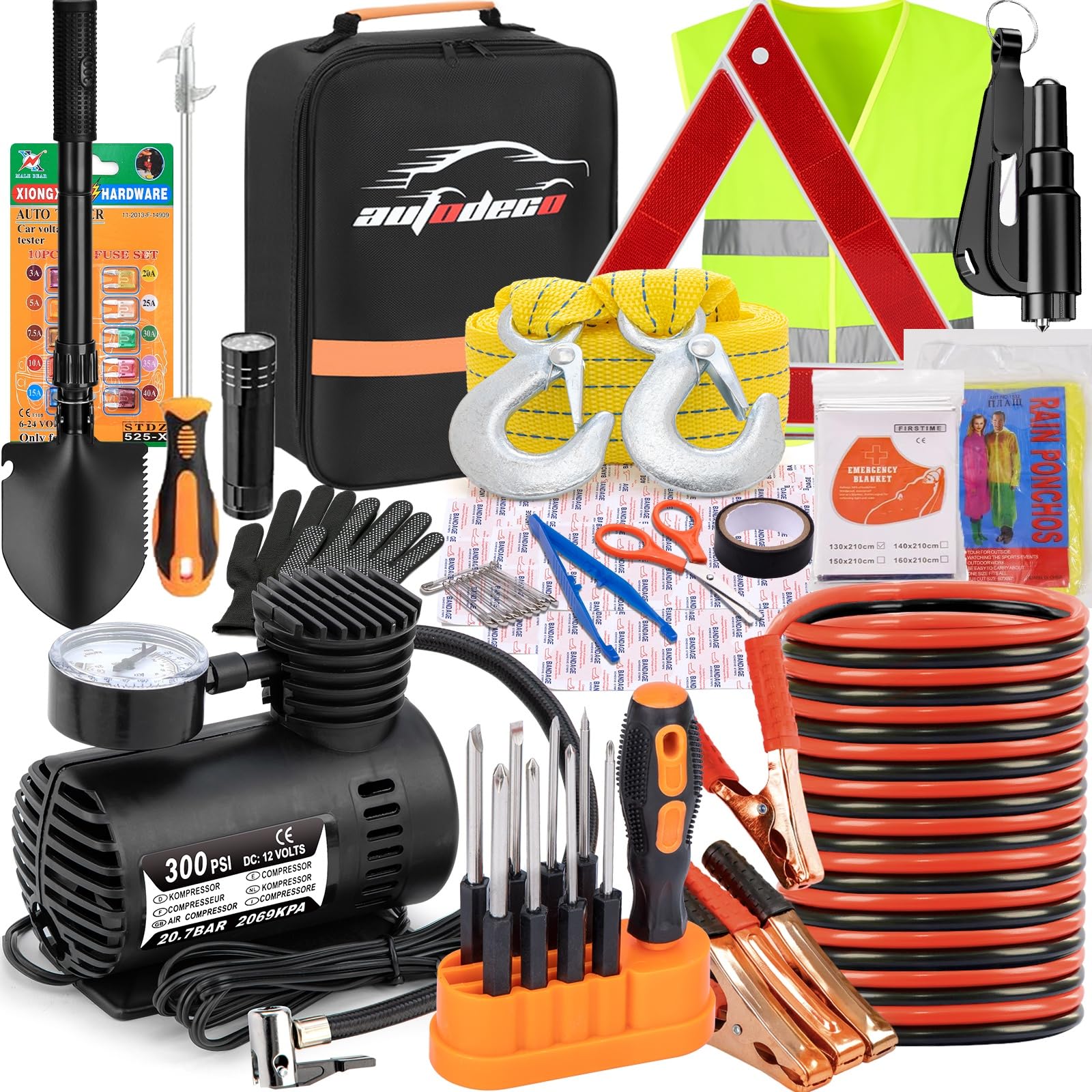 AUTODECO car emergency kit with jumper cables for safe roadside boosts.