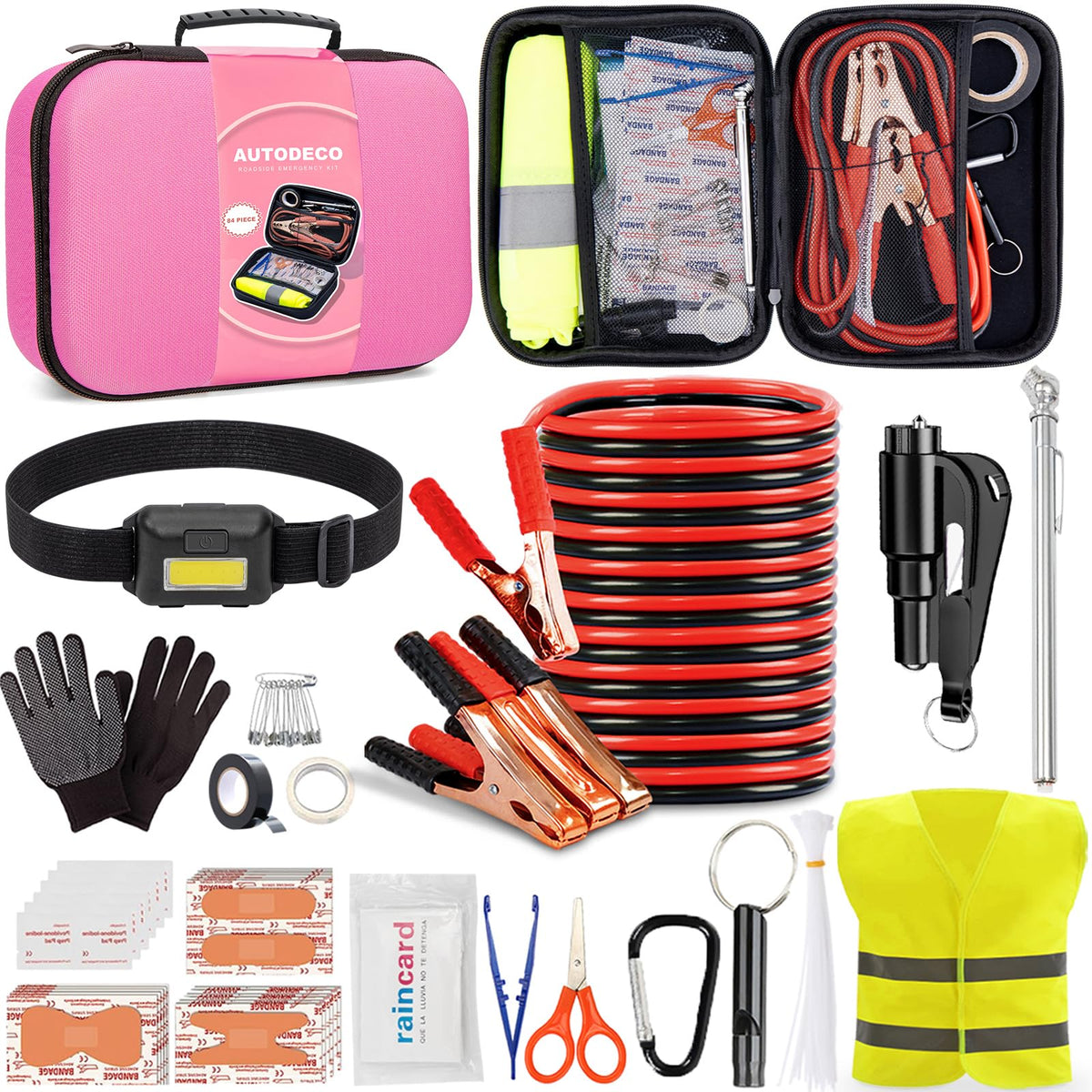 AUTODECO car emergency kit in pink organizer bag for quick roadside access.