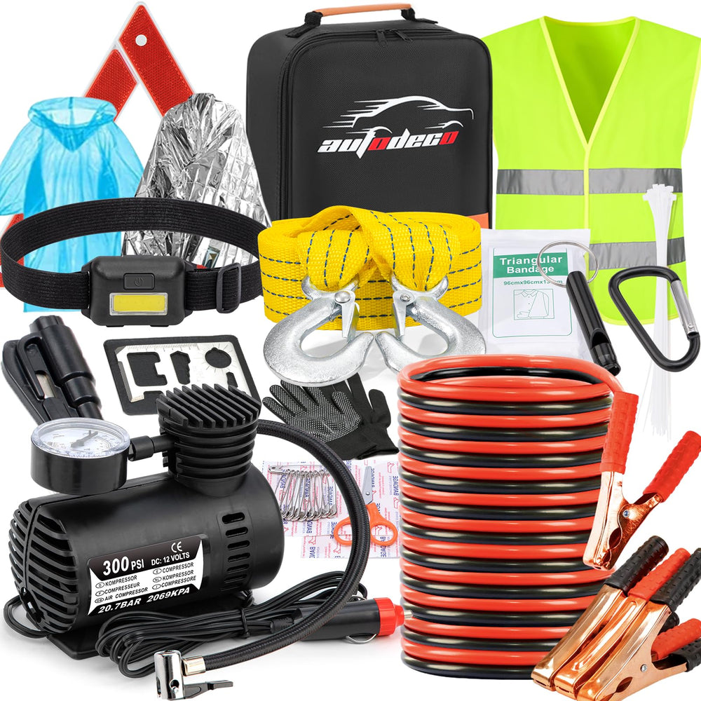 AUTODECO car roadside emergency kit front view showing comprehensive safety tools