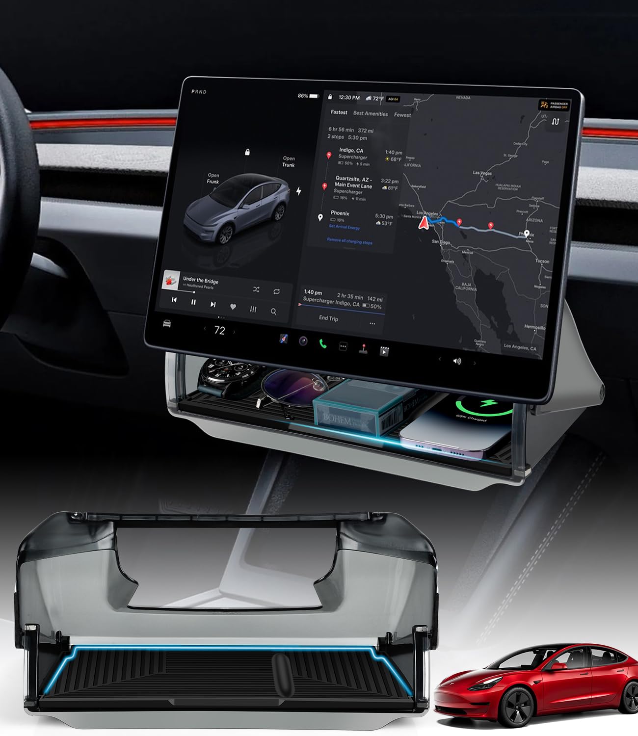 Autodecor 1Up hidden under-screen storage box keeps essentials organized in Model 3