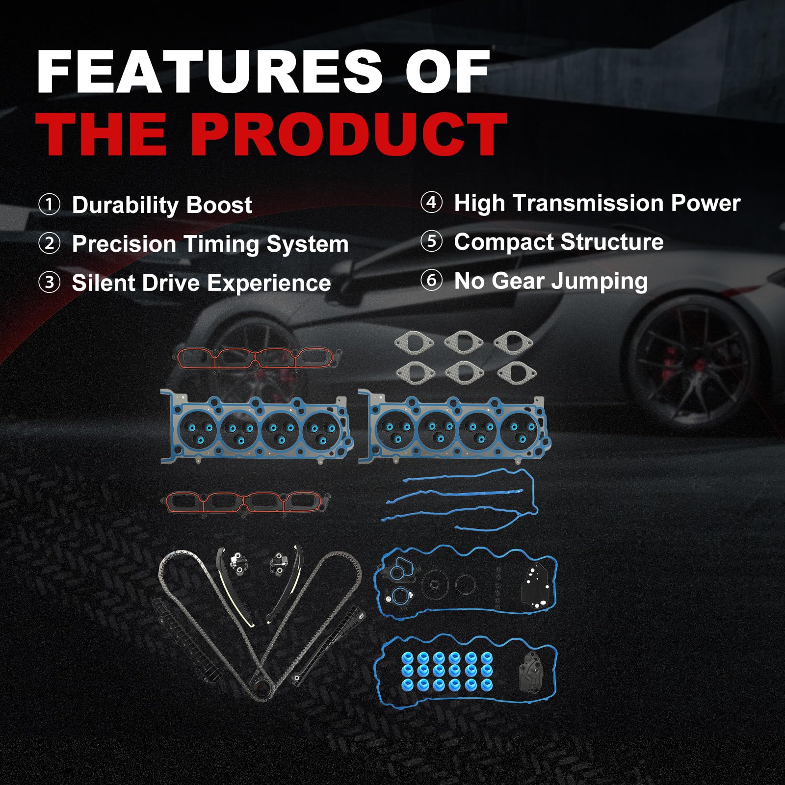 Autodevil timing chain kit, close-up of premium materials supporting stable engine balance