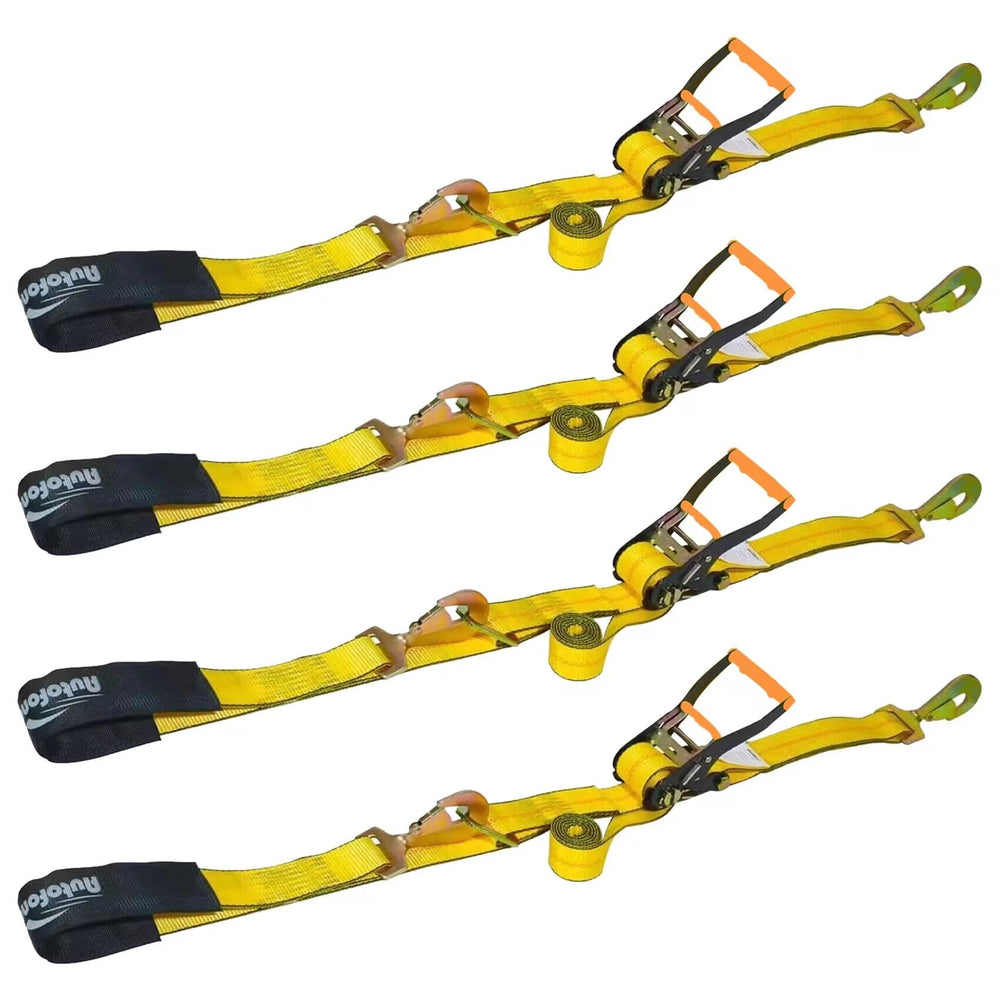 Autofonder heavy-duty tie-down strap assembly protects rims during transport.