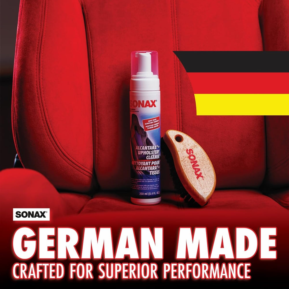 Autogeek Sonax horsehair brush safely agitates stains on Alcantara.