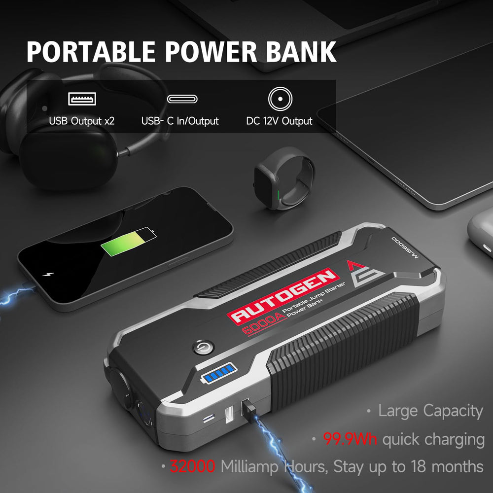 AUTOGEN 6000A rear with 12V DC output and compact design for on-the-go charging.