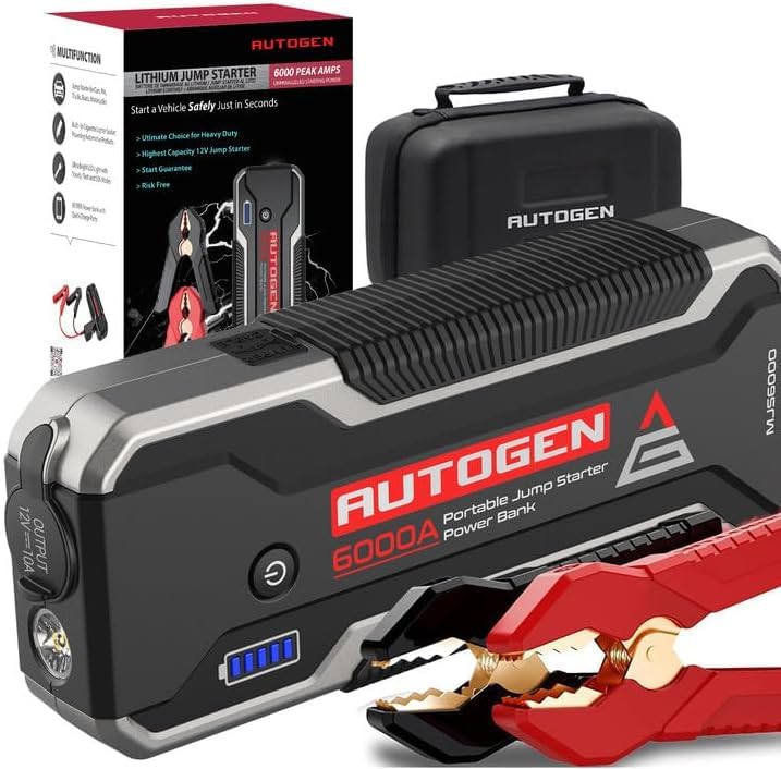 AUTOGEN 6000A jump starter front view with rugged clamps for quick battery boosts.