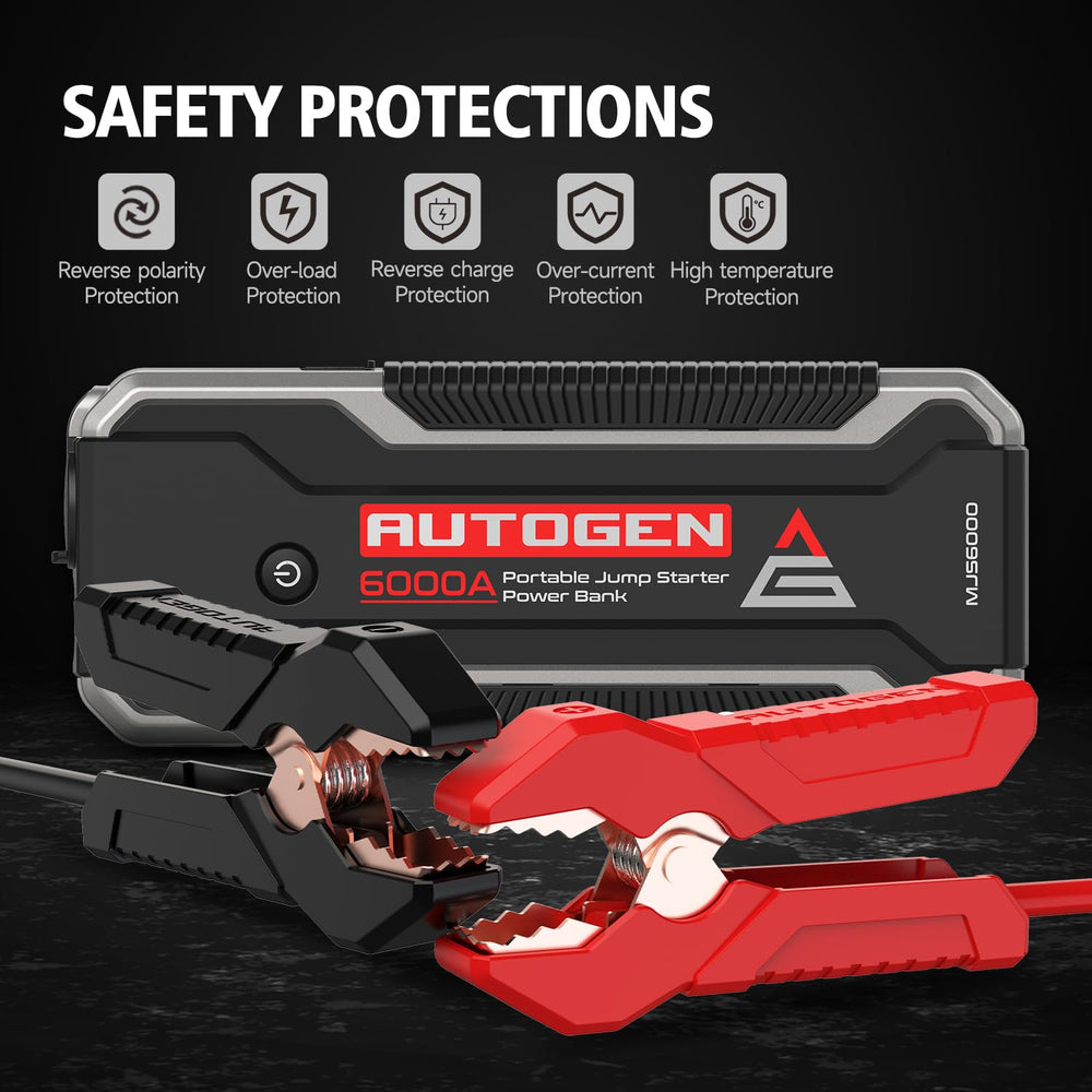 AUTOGEN jump starter in car during roadside assistance, ready for a jump.