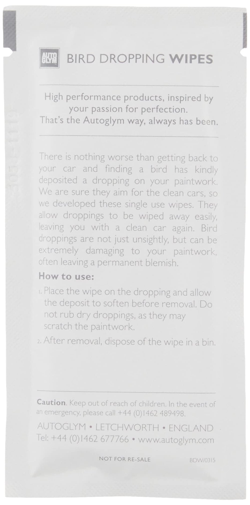Autoglym Bird Dropping Wipes single-use sachets for mess-free handling