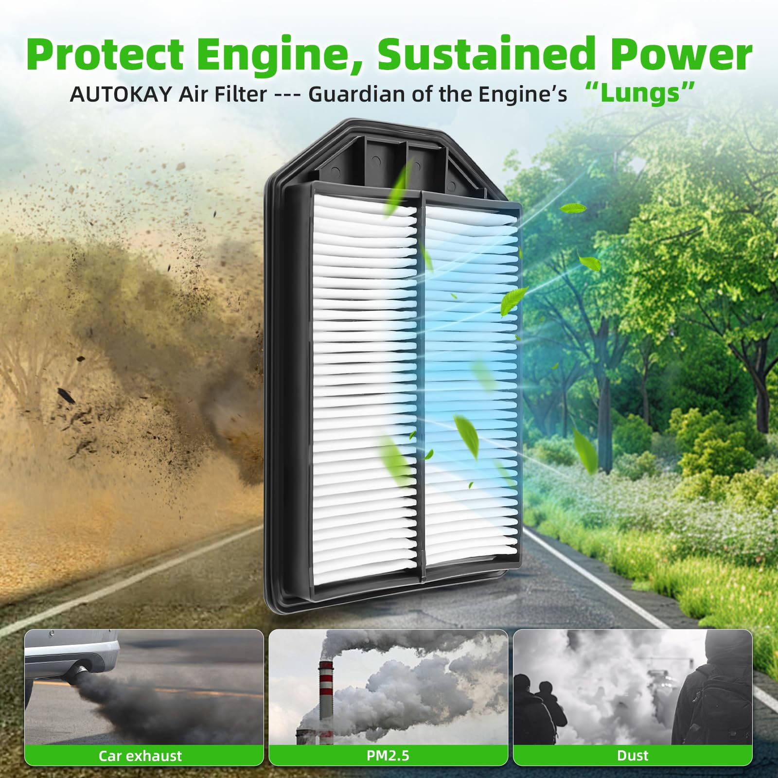 AUTOKAY packaging includes engine and cabin filters for quick, all-in-one replacement