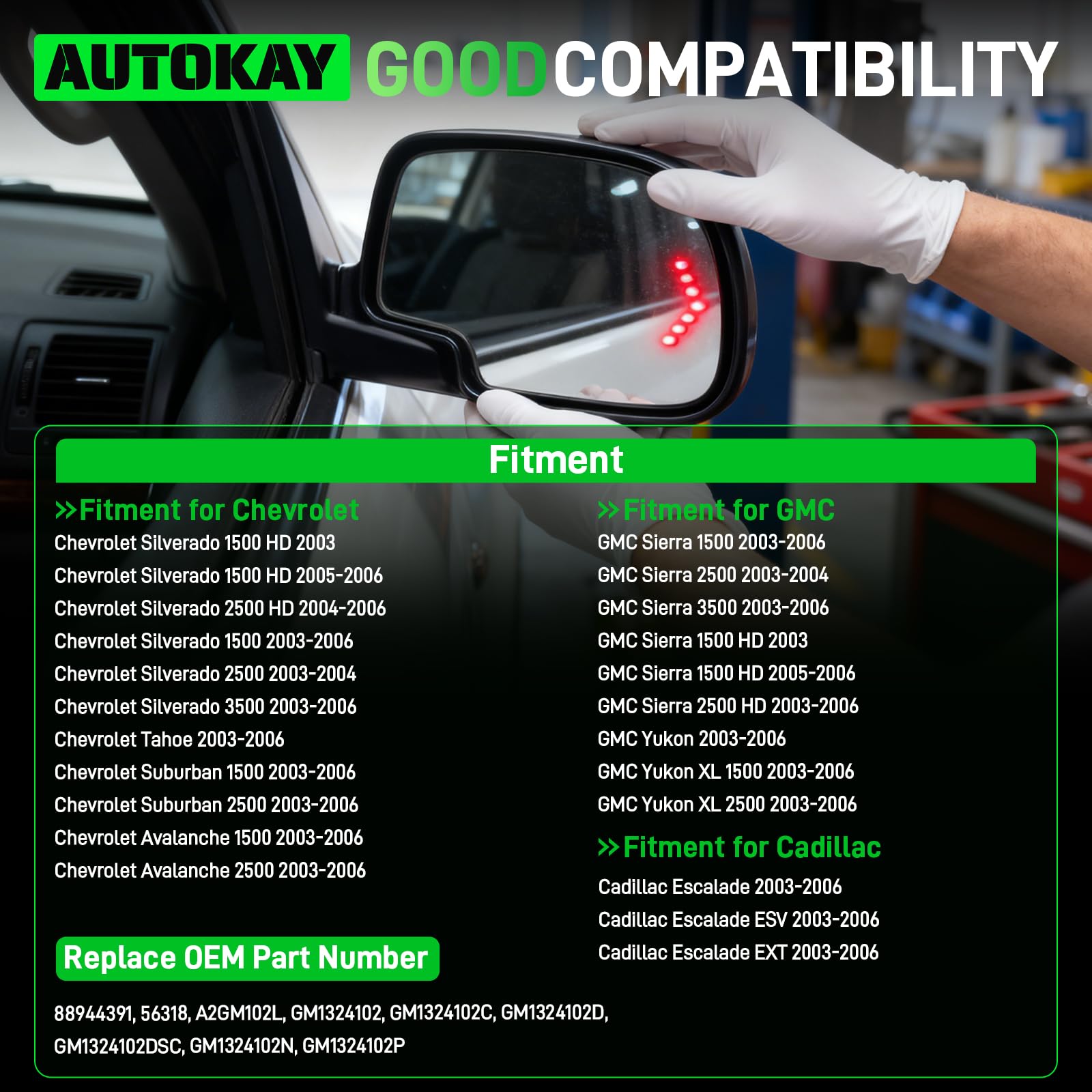 AUTOKAY right-side mirror assembly close-up shows durable glass for reliable daily use.