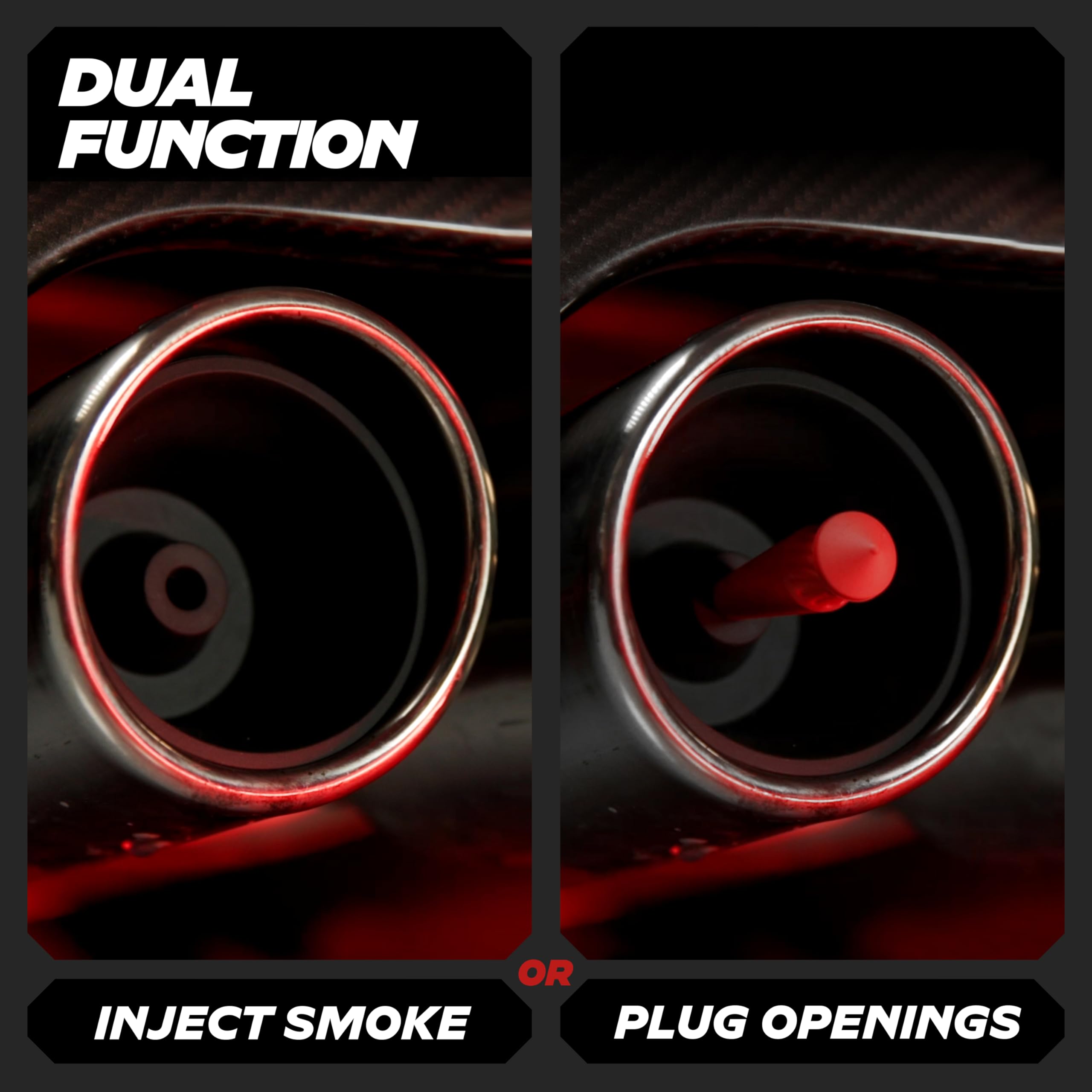Dual tailpipe test setup showing one side injection, the other sealed.