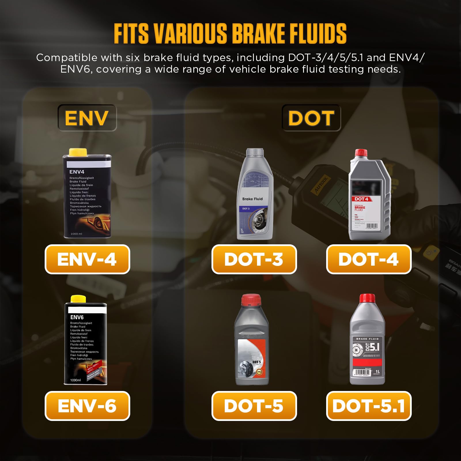 AUTOOL AS501 DOT fluids compatibility screen indicates supported brake fluid types