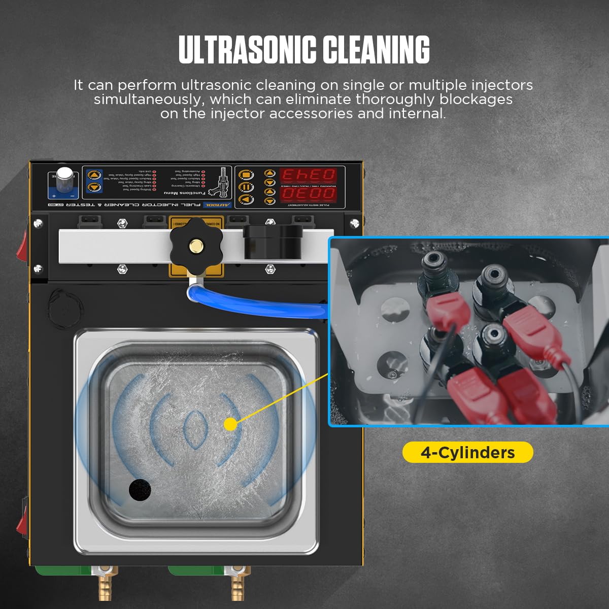 AUTOOL control panel showing diagnostic options for injector testing.