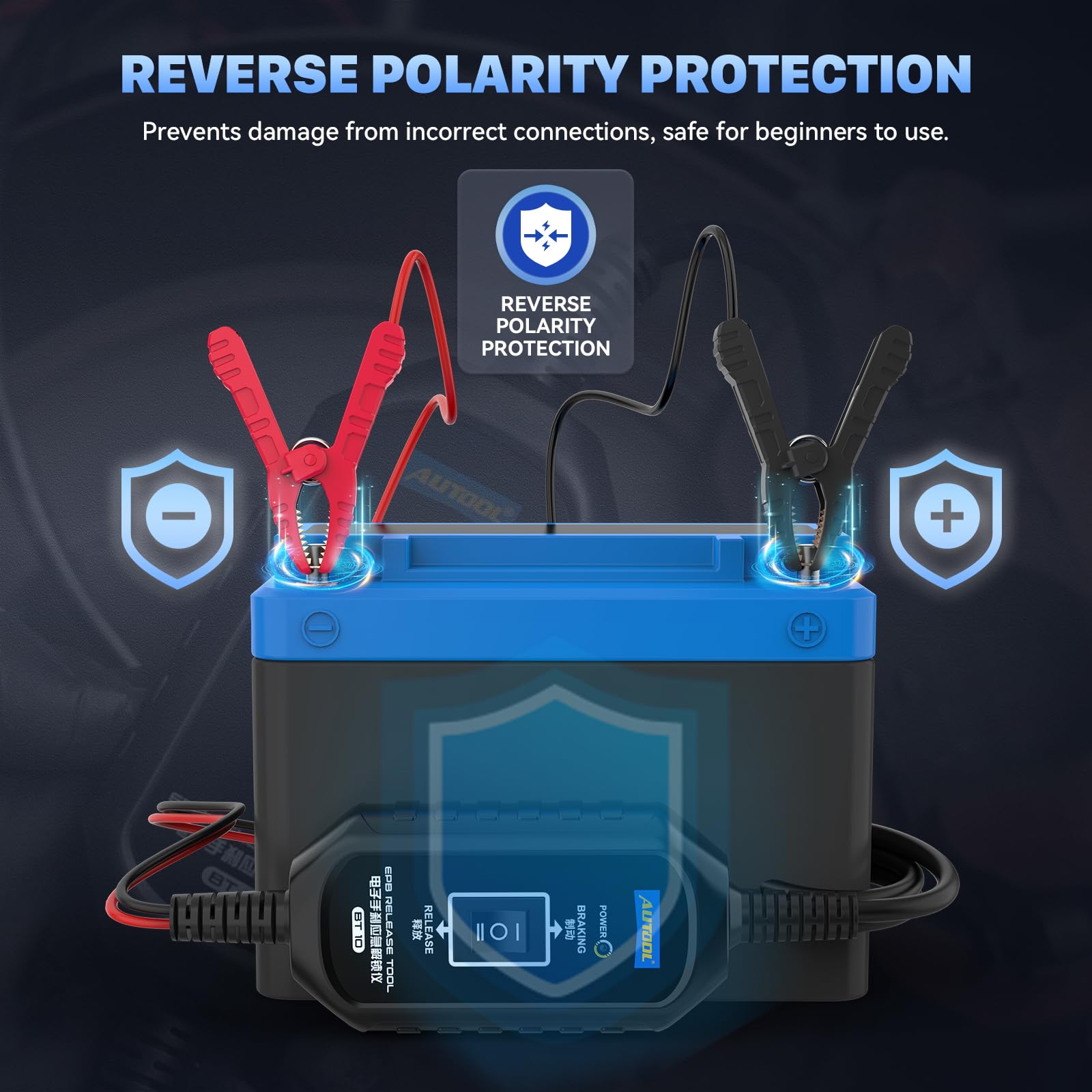 AUTOOL EPB tool connected to battery via clamps for safe power management.