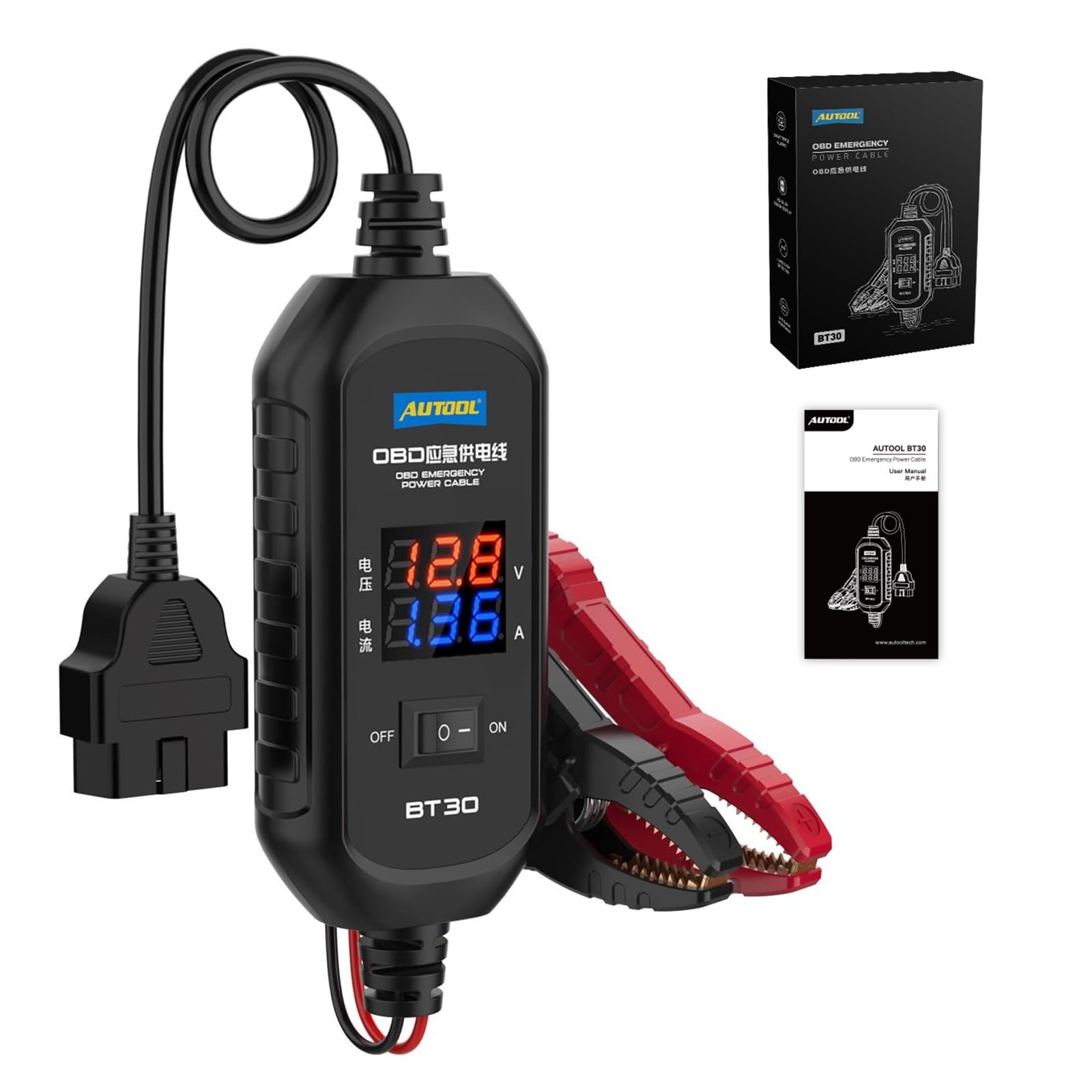 AUTOOL OBD II memory saver cable powers ECU during battery replacement to prevent data loss.