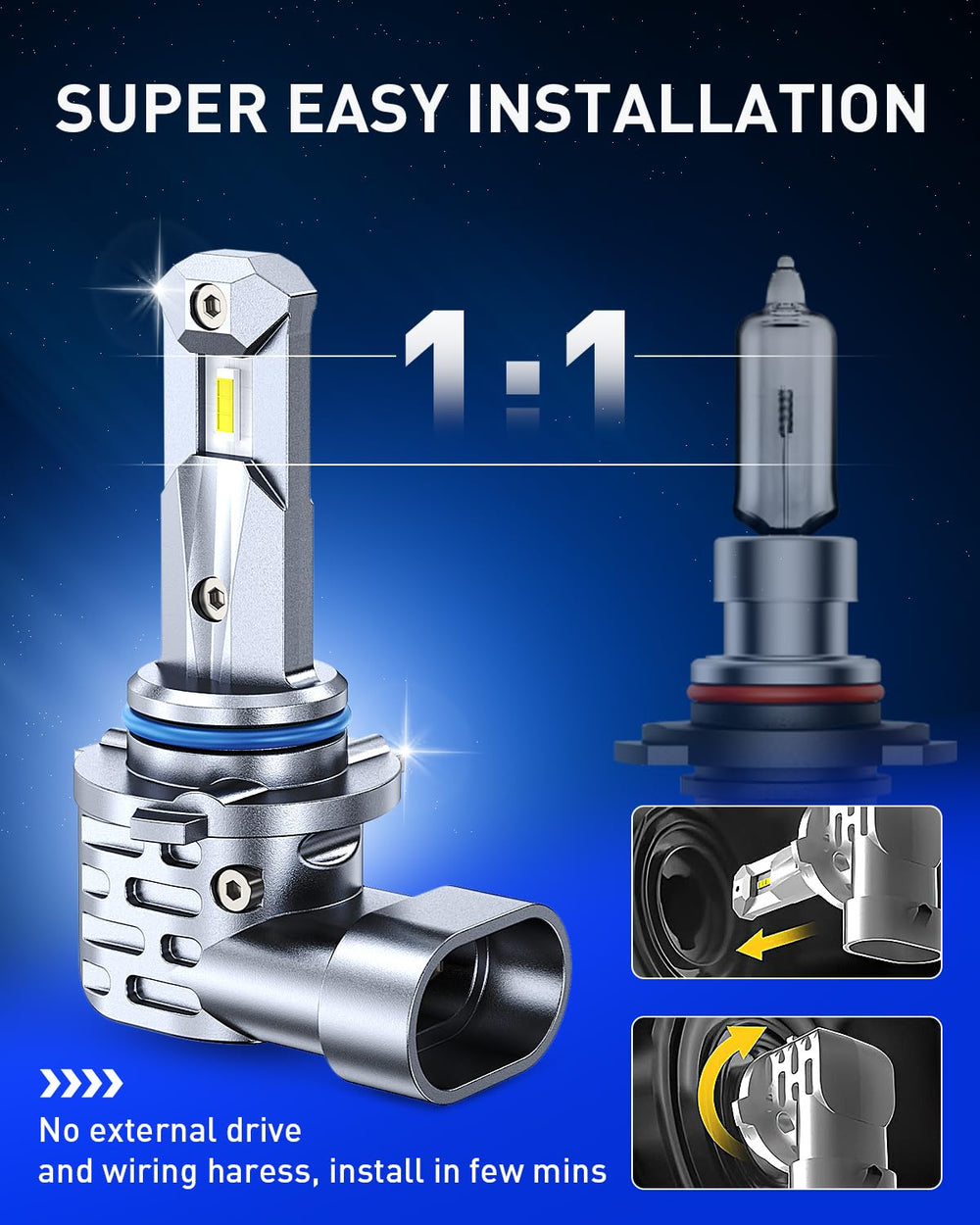 AUTOONE 9005/HB3 LED bulbs deliver crisp 6000K white light for better road sight.