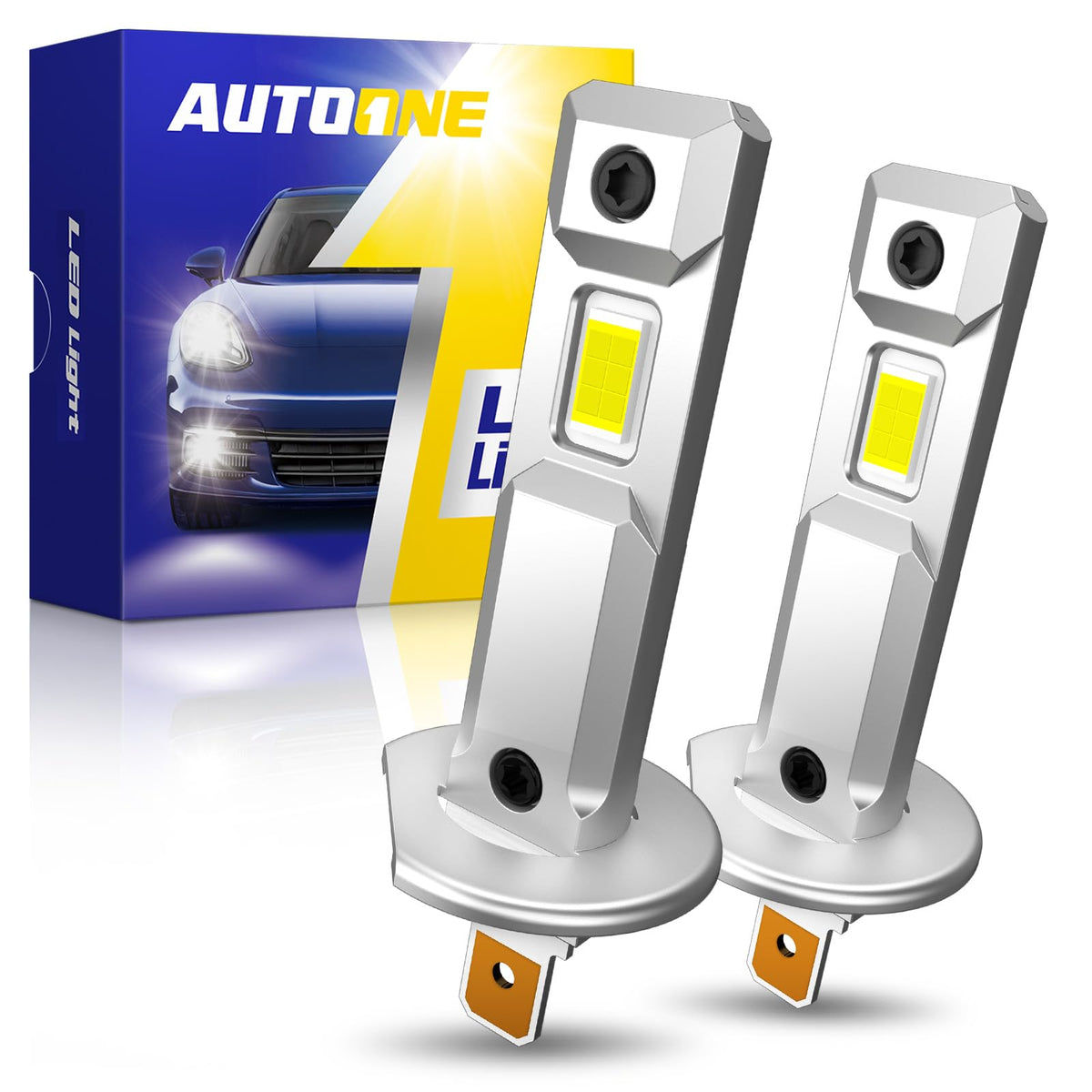 AUTOONE H1 LED bulb close-up showing 40,000 lumens for improved night visibility.