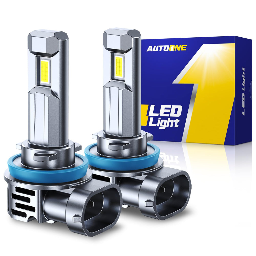 Autoone H11 LED bulb chip close-up shows high intensity illumination for clearer night visibility