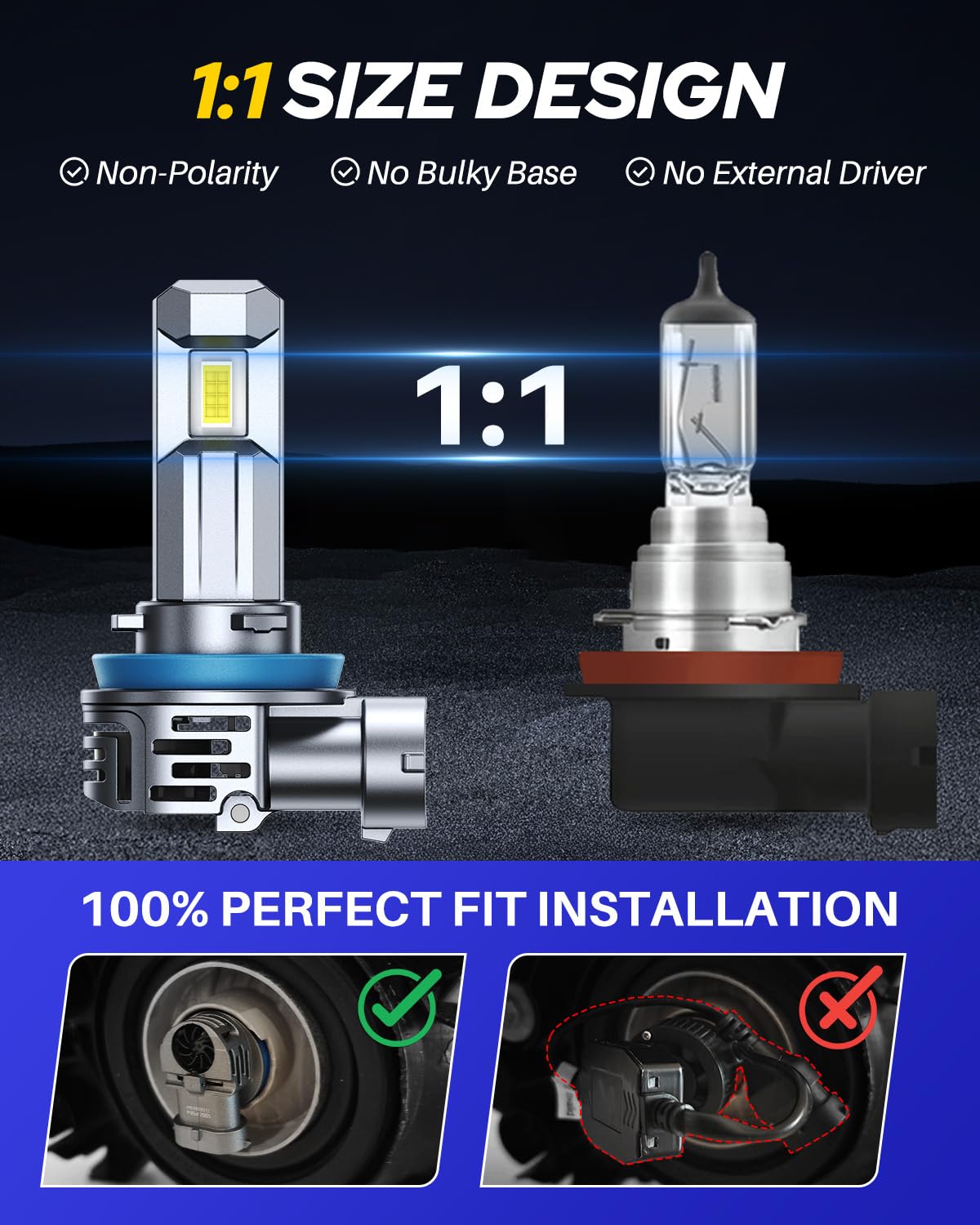 Autoone H11 LED bulb compact design demonstrates easy plug-and-play installation