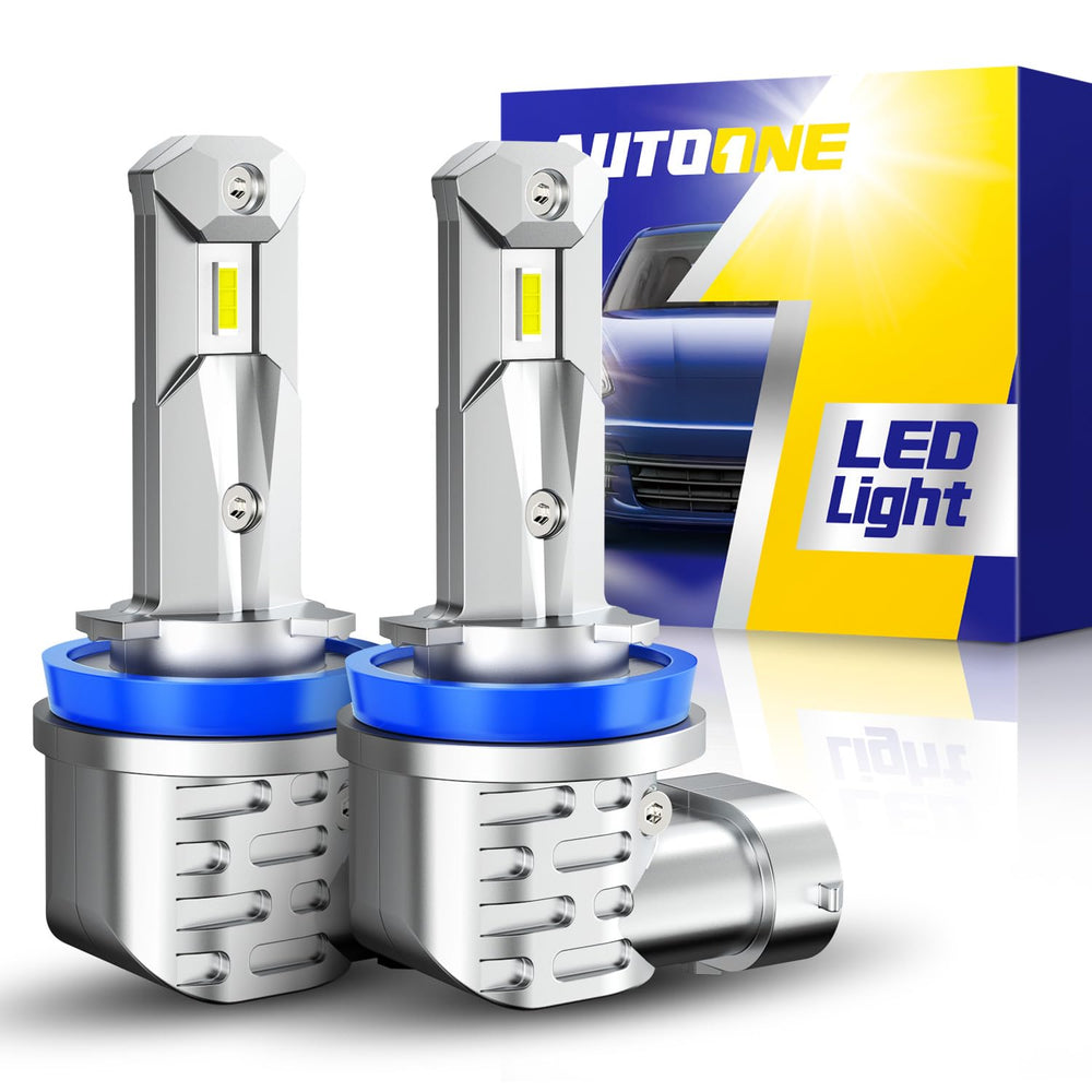 AUTOONE H11 LED bulbs front view showing direct replacement fit for confident roadside lighting.