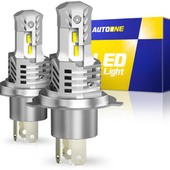 AutoOne H4 LED bulb front view showing focused beam for clear nighttime driving