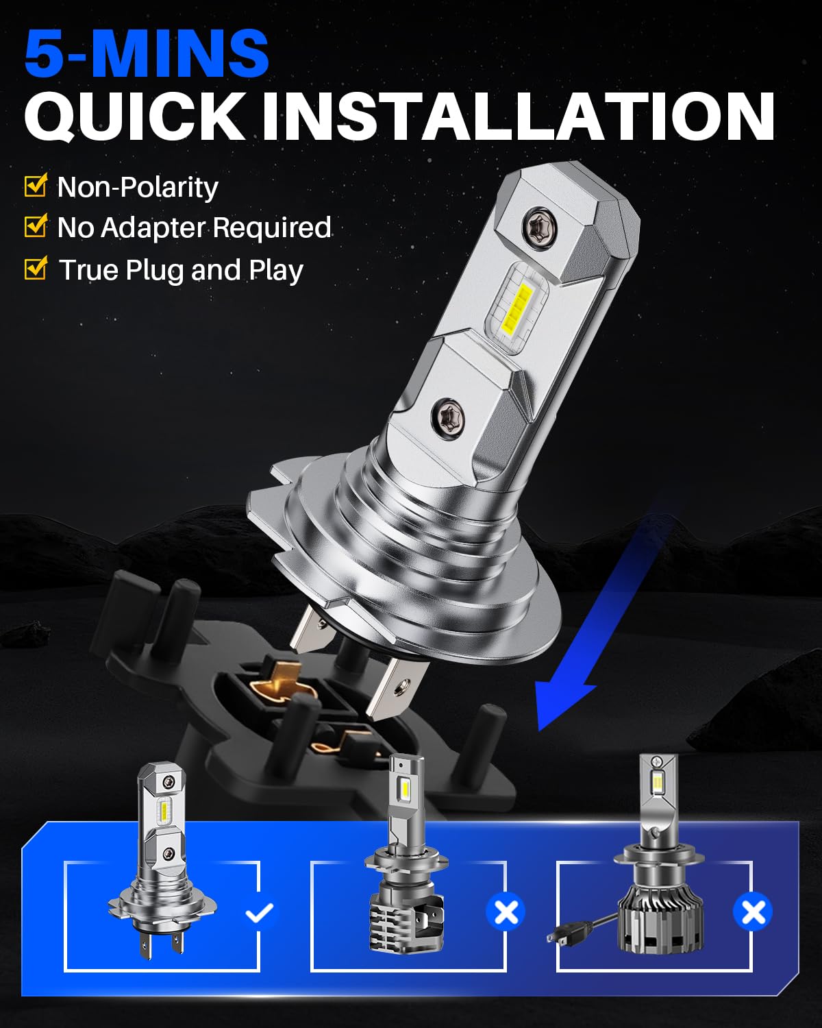 AUTOONE H7LL non-polarity design fits without orientation issues during install.