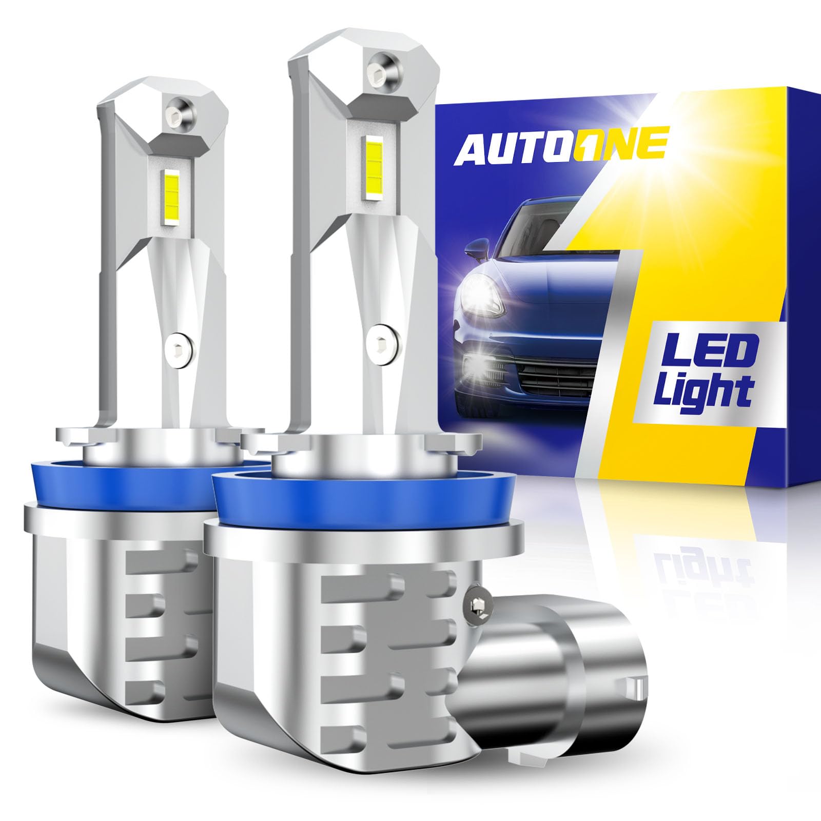 AUTOONE H8/H11/H16 LED bulbs front view with bright daylight-like output for visibility