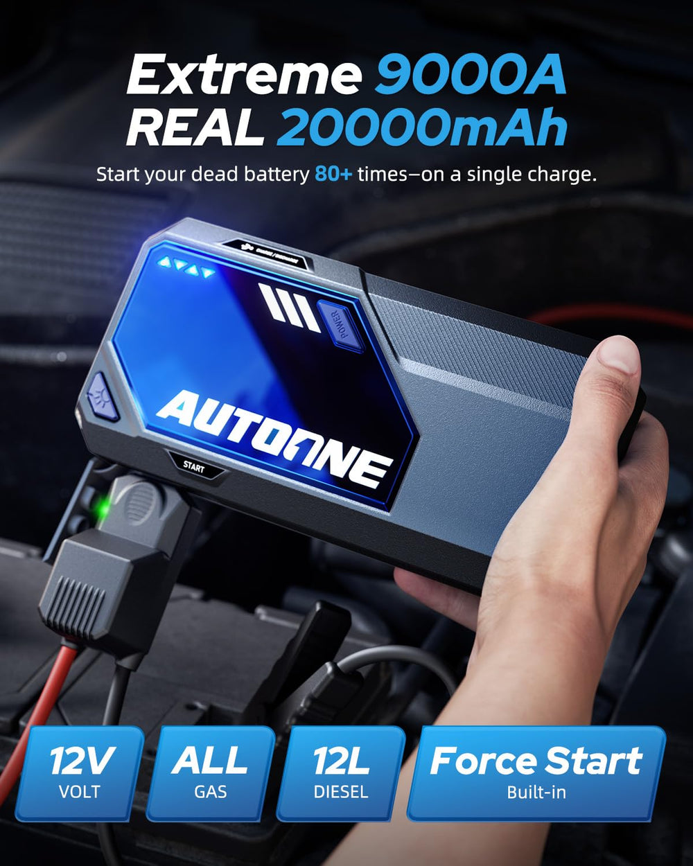 AUTOONE M5 with 168W DC output powering a portable device.
