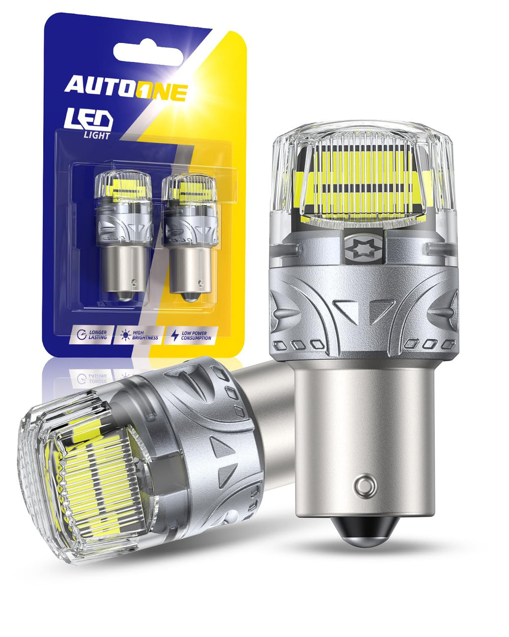 AutoOne upgraded 1156 LED bulb white 360-degree light for clearer night visibility.