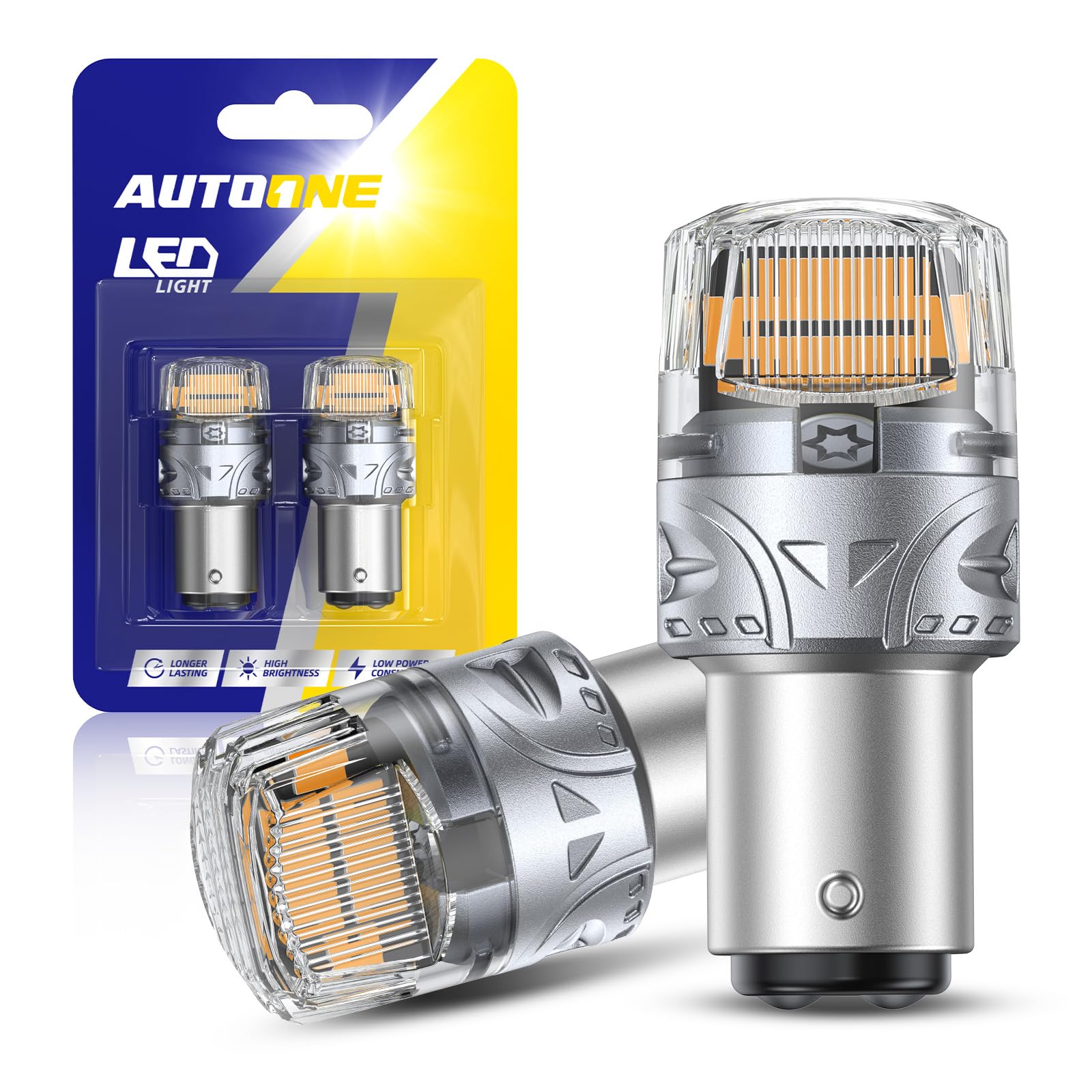 AUTOONE 1157 amber LED bulb with projector beam for clear amber signaling.