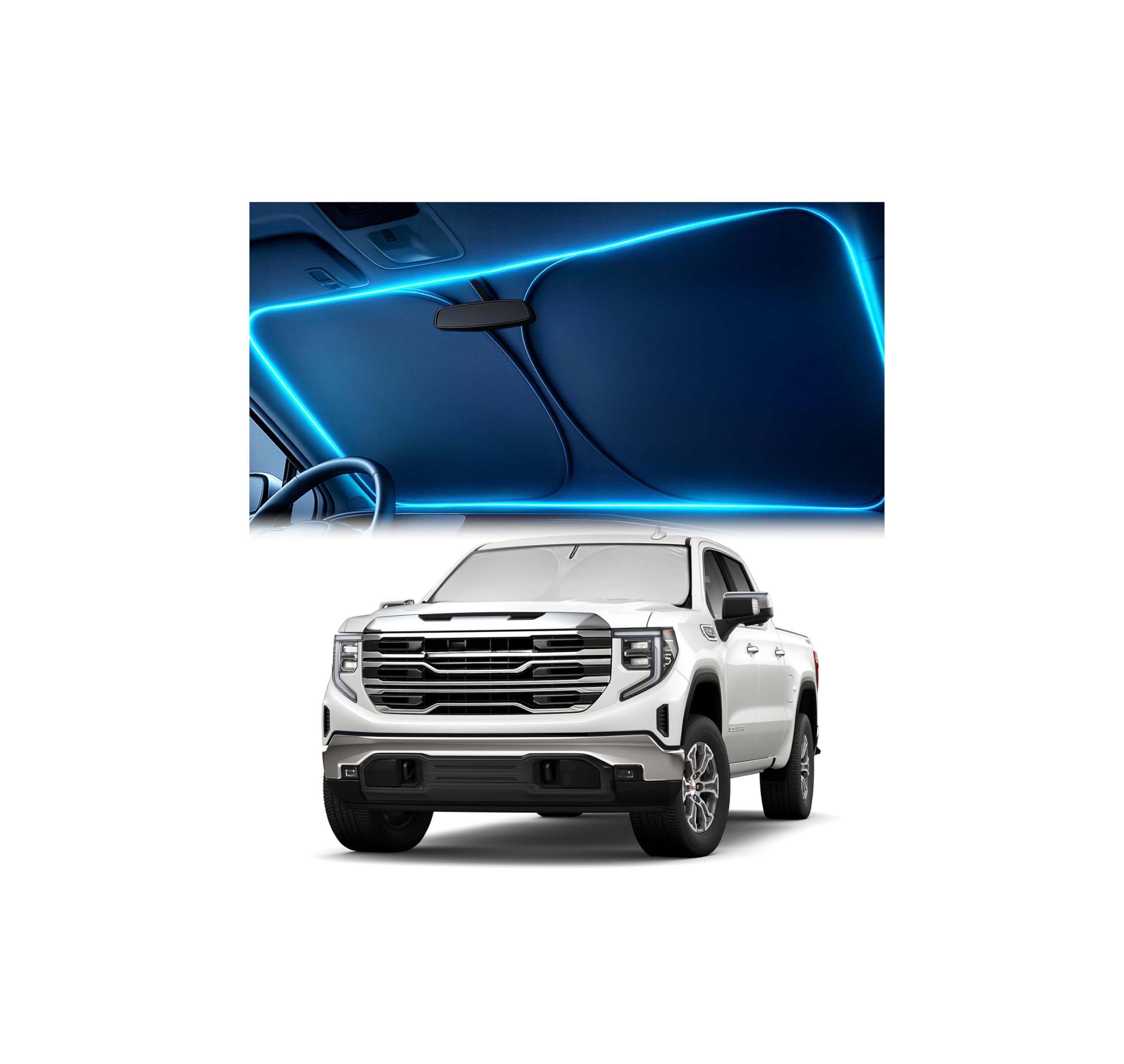 Autopect Sierra sunshade properly fitted on windshield for heat and UV protection.