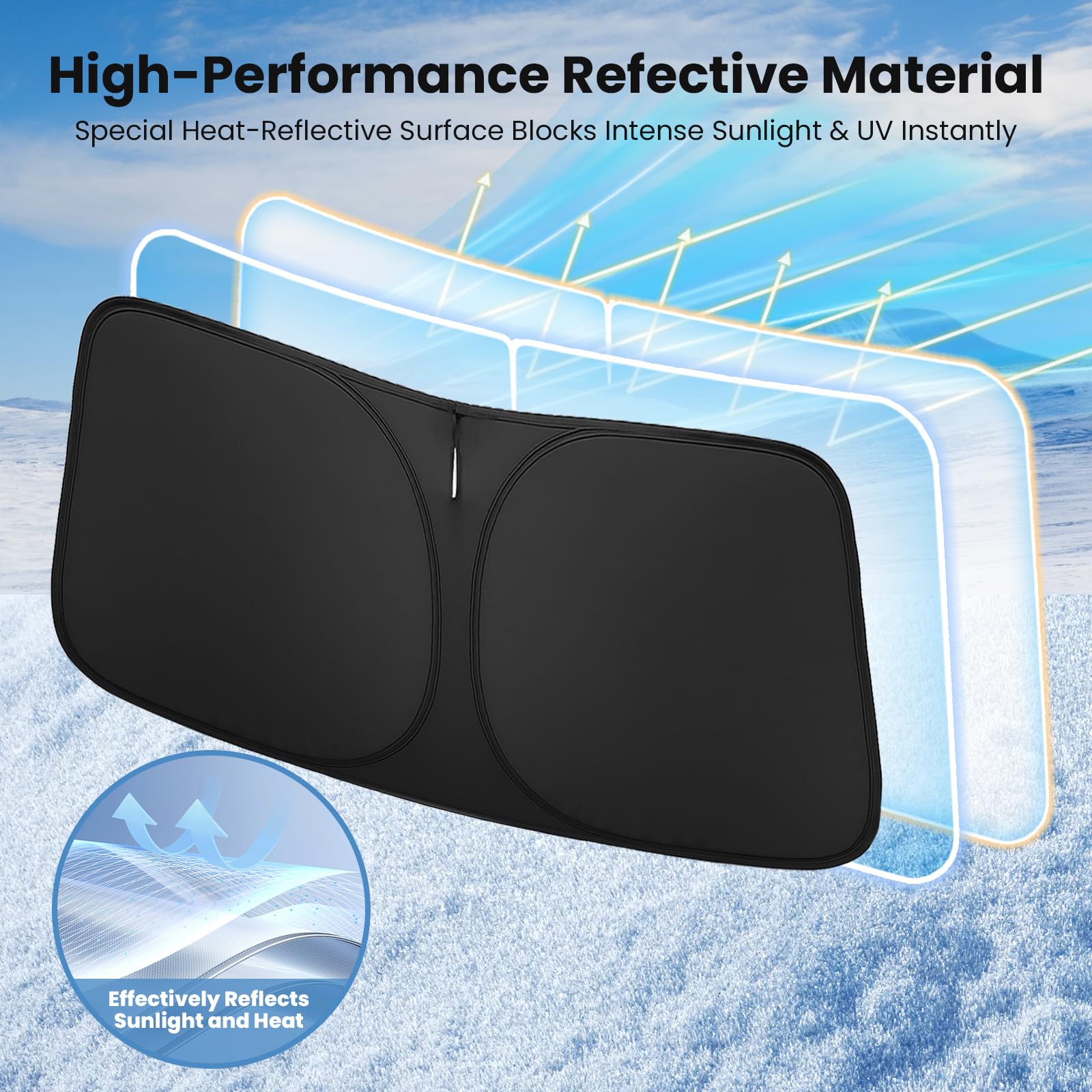 Autopect Sierra sunshade blocks 99% of UV rays to protect interior surfaces.