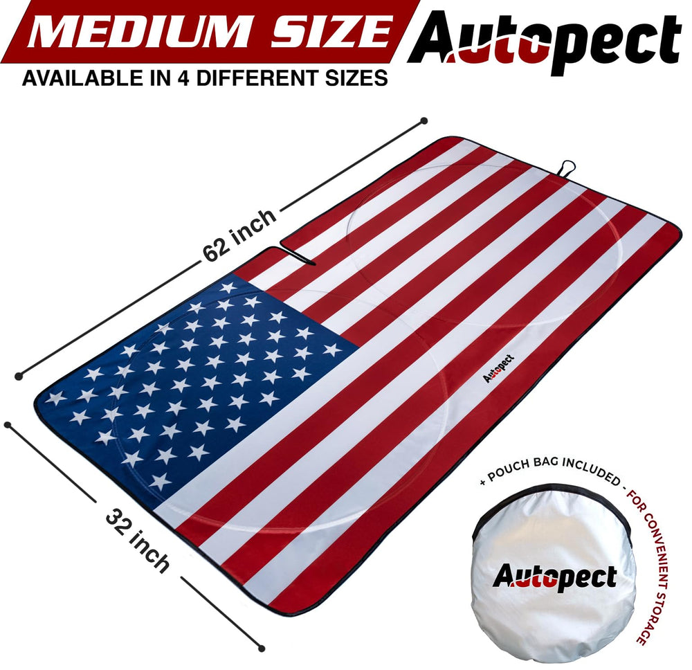 Autopect Windshield Sun Shade with mirror cut-out preserves clear rear-view visibility.