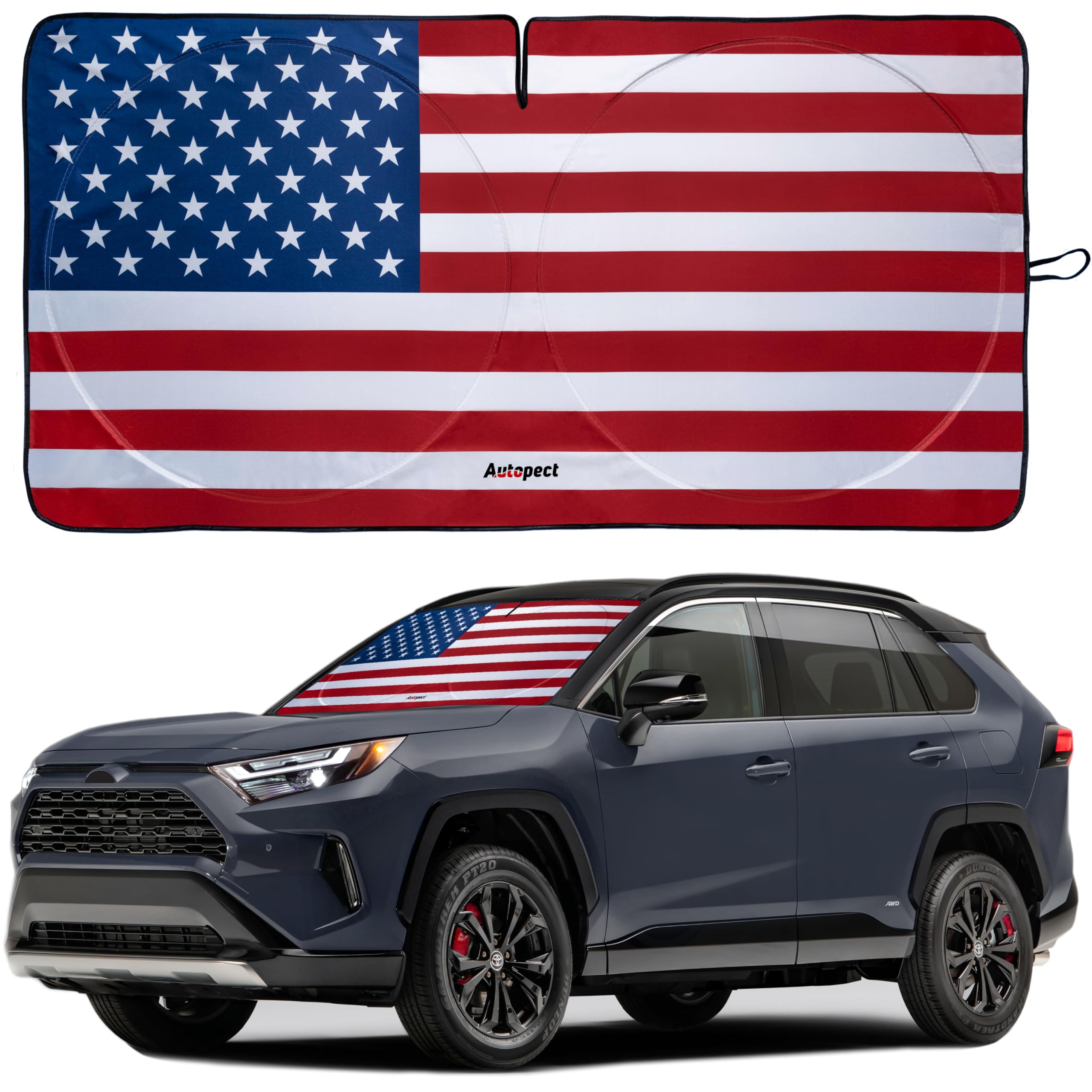 Autopect Windshield Sun Shade with patriotic stars and stripes design for vibrant sun protection.